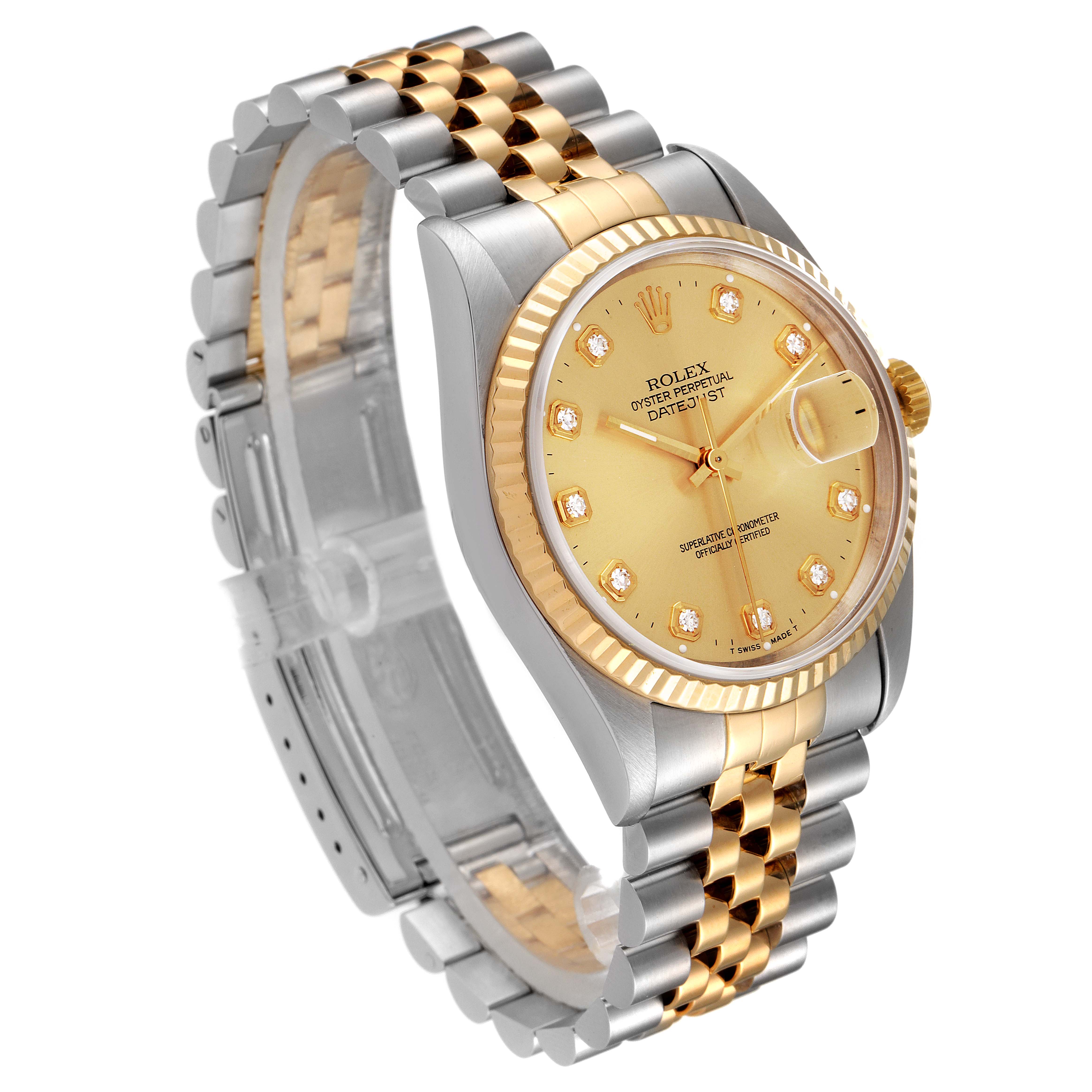 This is a Rolex Datejust 16233 Men's Steel and Gold (two tone) Champagne Dial 16233 Men's Steel and Gold (two tone) Champagne Dial watch shown at a three-quarter angle, highlighting the gold and silver bracelet, bezel, and dial.