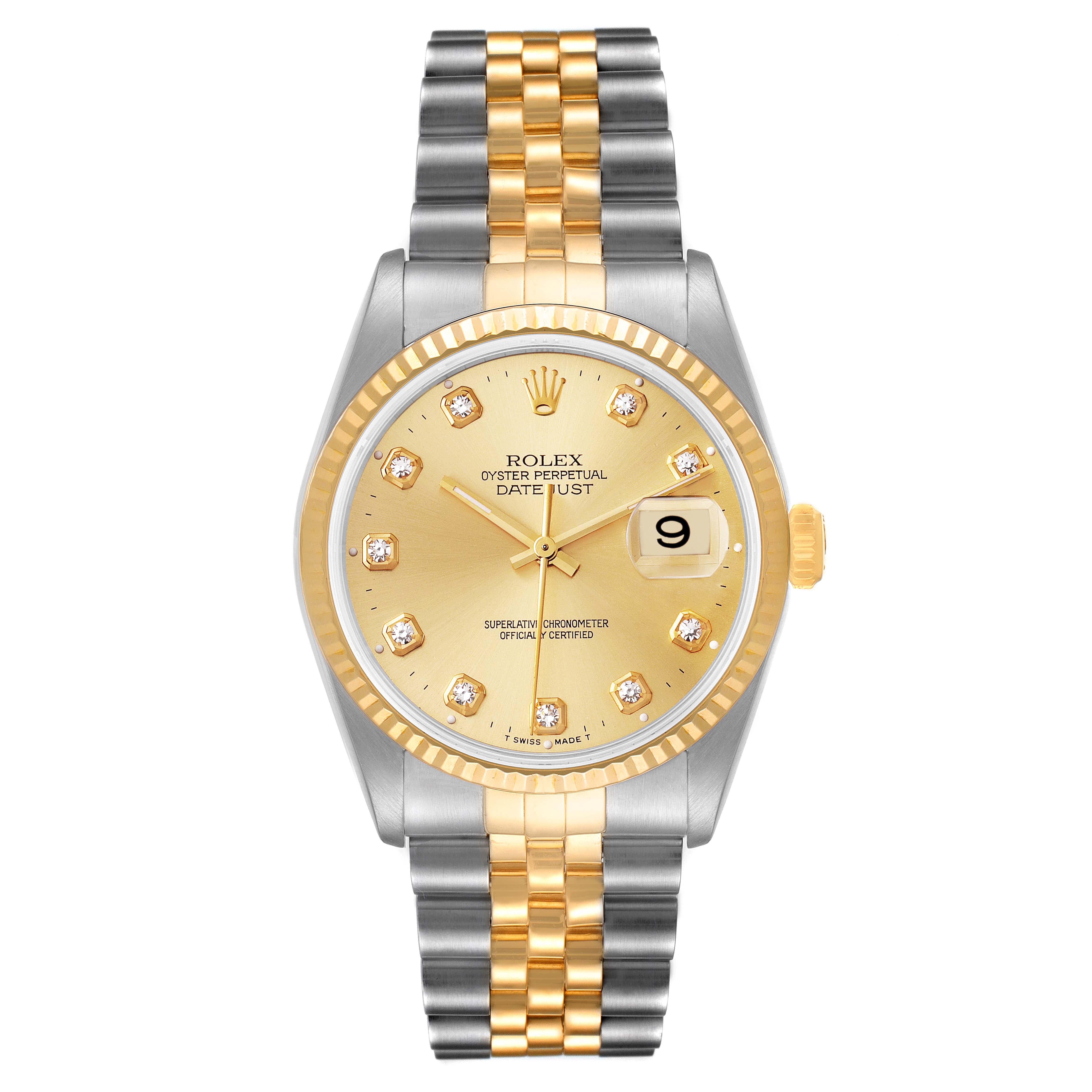 This image shows a Rolex Datejust 16233 Men's Steel and Gold (two tone) Champagne Dial 16233 Men's Steel and Gold (two tone) Champagne Dial watch from a front angle, featuring its dial, bezel, and two-tone bracelet.