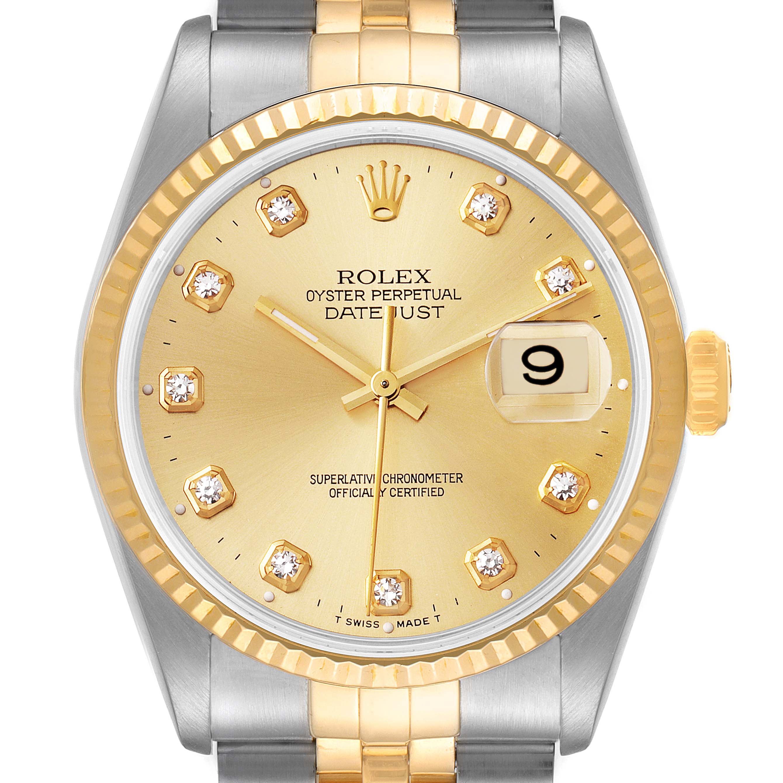 This image shows a front view of the Rolex Datejust 16233 Men's Steel and Gold (two tone) Champagne Dial 16233 Men's Steel and Gold (two tone) Champagne Dial watch, including its dial, bezel, crown, and part of the bracelet.