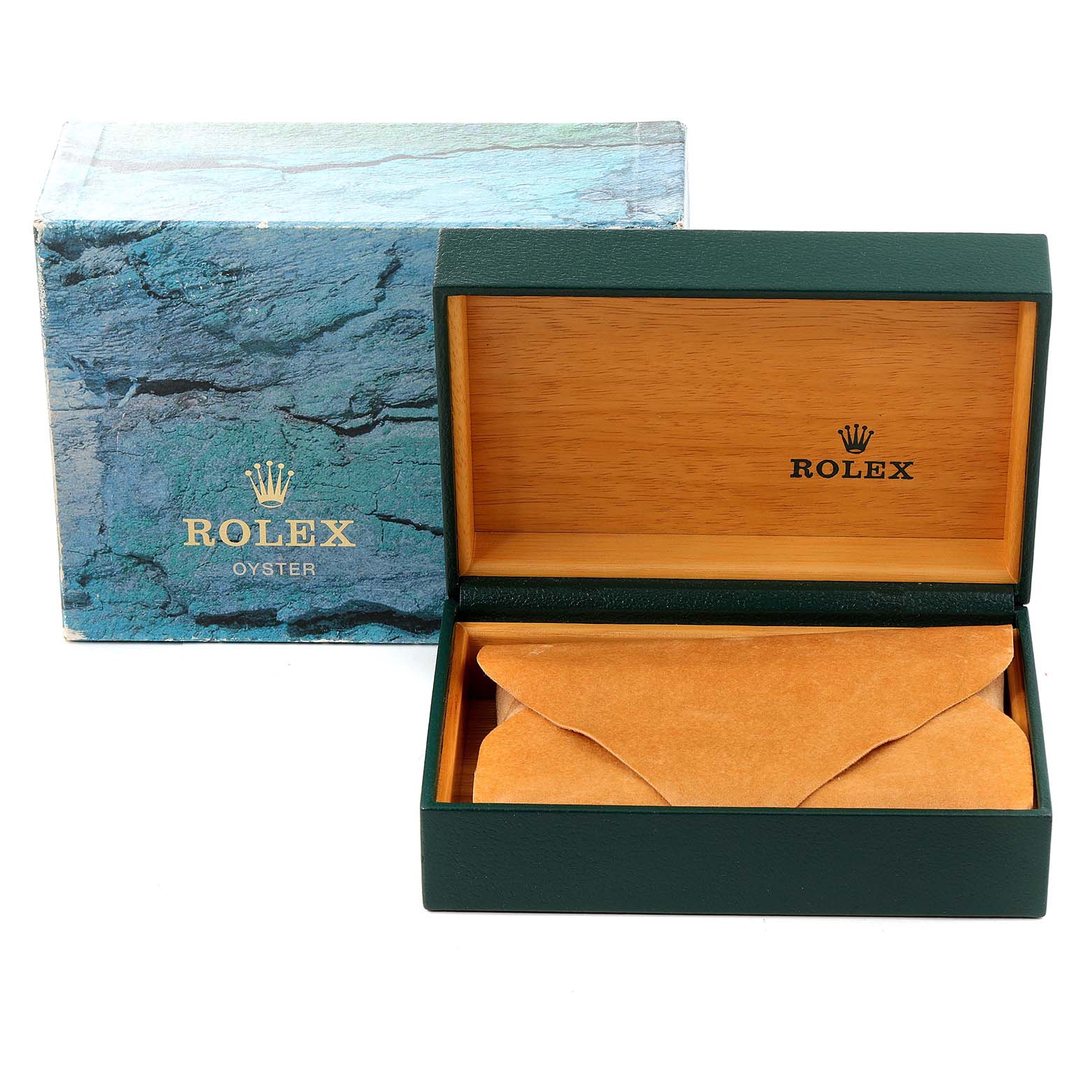 The image shows the open box and outer packaging for a Rolex Datejust 16233 Men's Steel and Gold (two tone) Champagne Dial 16233 Men's Steel and Gold (two tone) Champagne Dial watch.