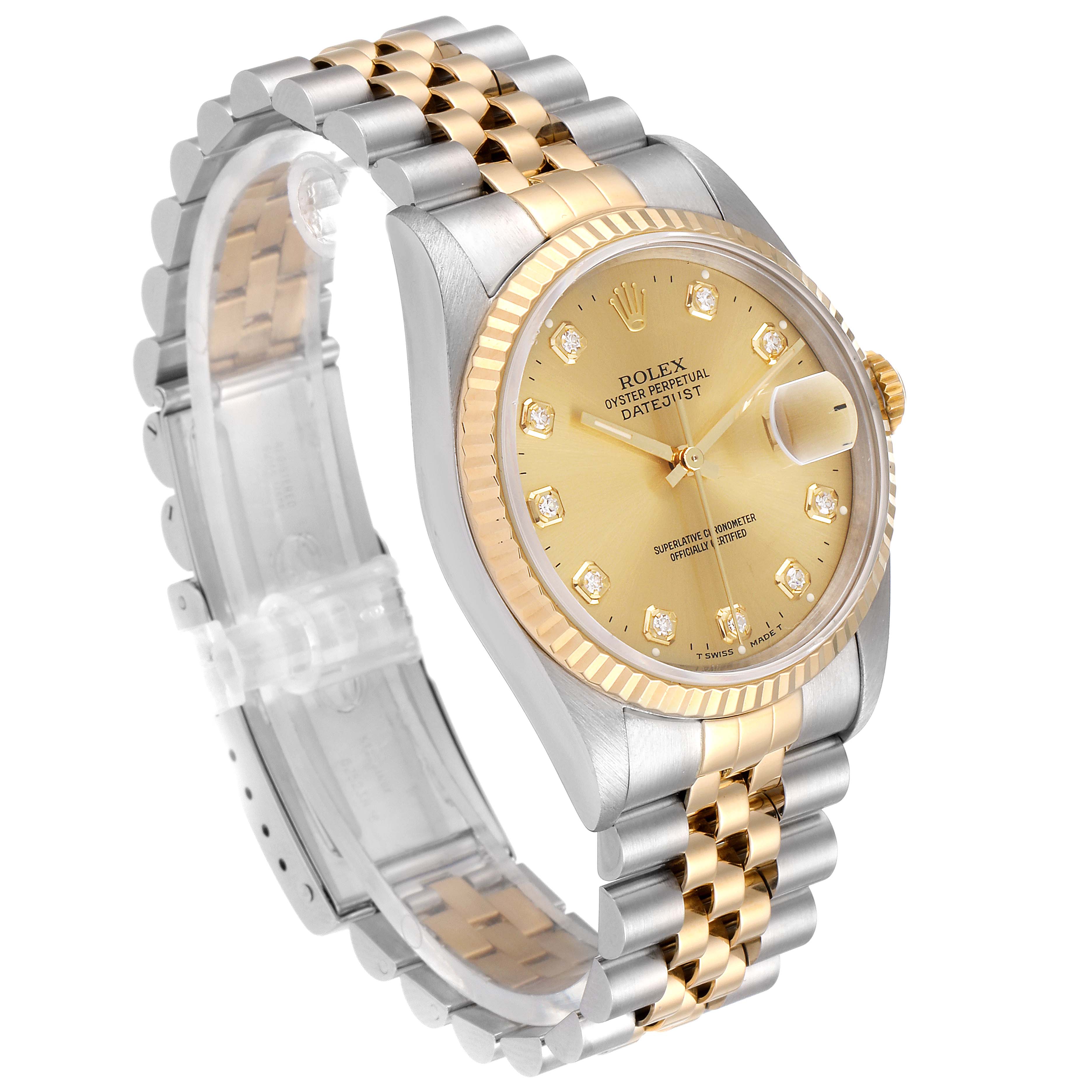 The image shows a Rolex Datejust 16233 Men's Steel and Gold (two tone) Champagne Dial 16233 Men's Steel and Gold (two tone) Champagne Dial watch angled to display its two-tone jubilee bracelet, gold bezel, and champagne dial.