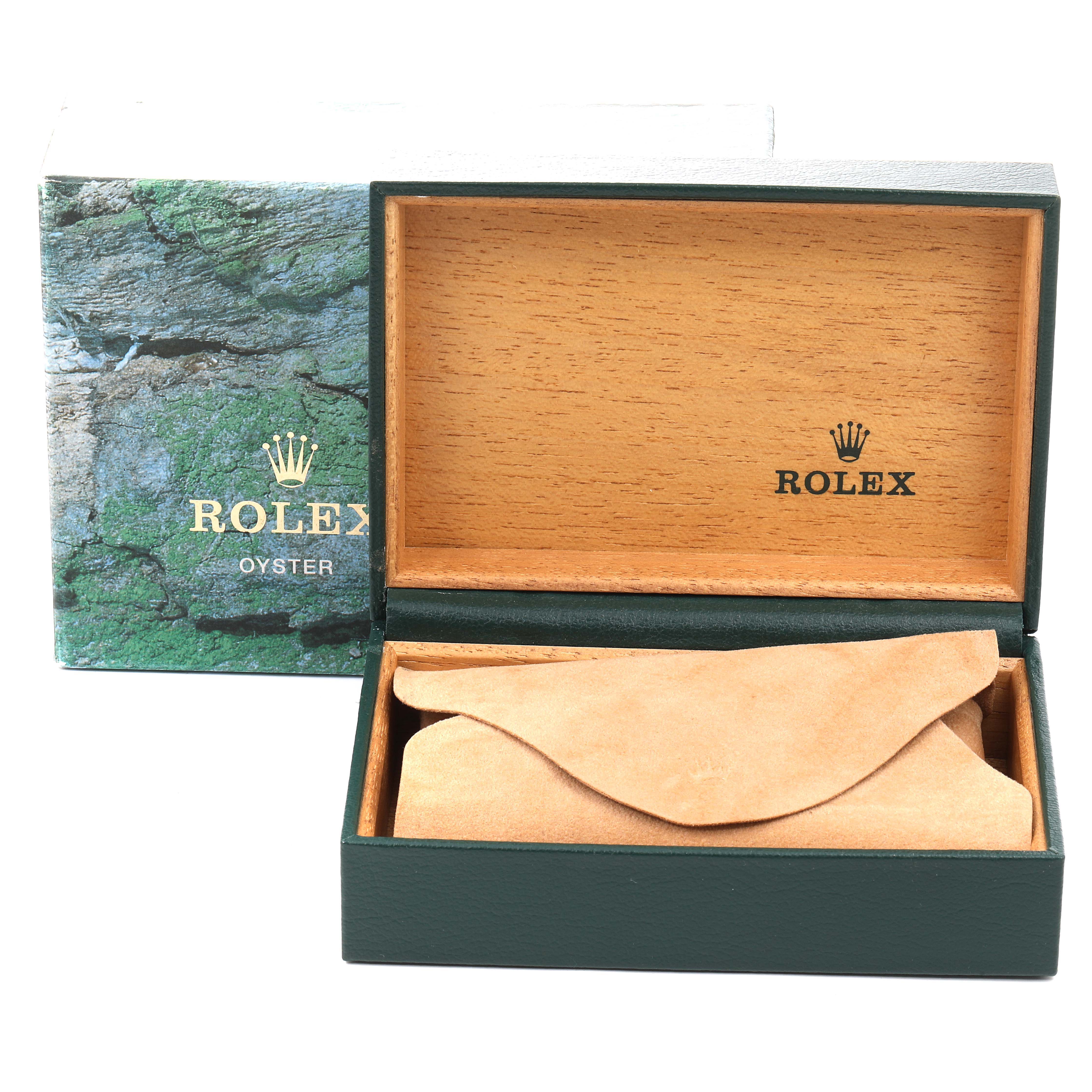 The image shows an open Rolex Datejust 16233 Men's Steel and Gold (two tone) Champagne Dial 16233 Men's Steel and Gold (two tone) Champagne Dial watch box with a beige pouch inside.