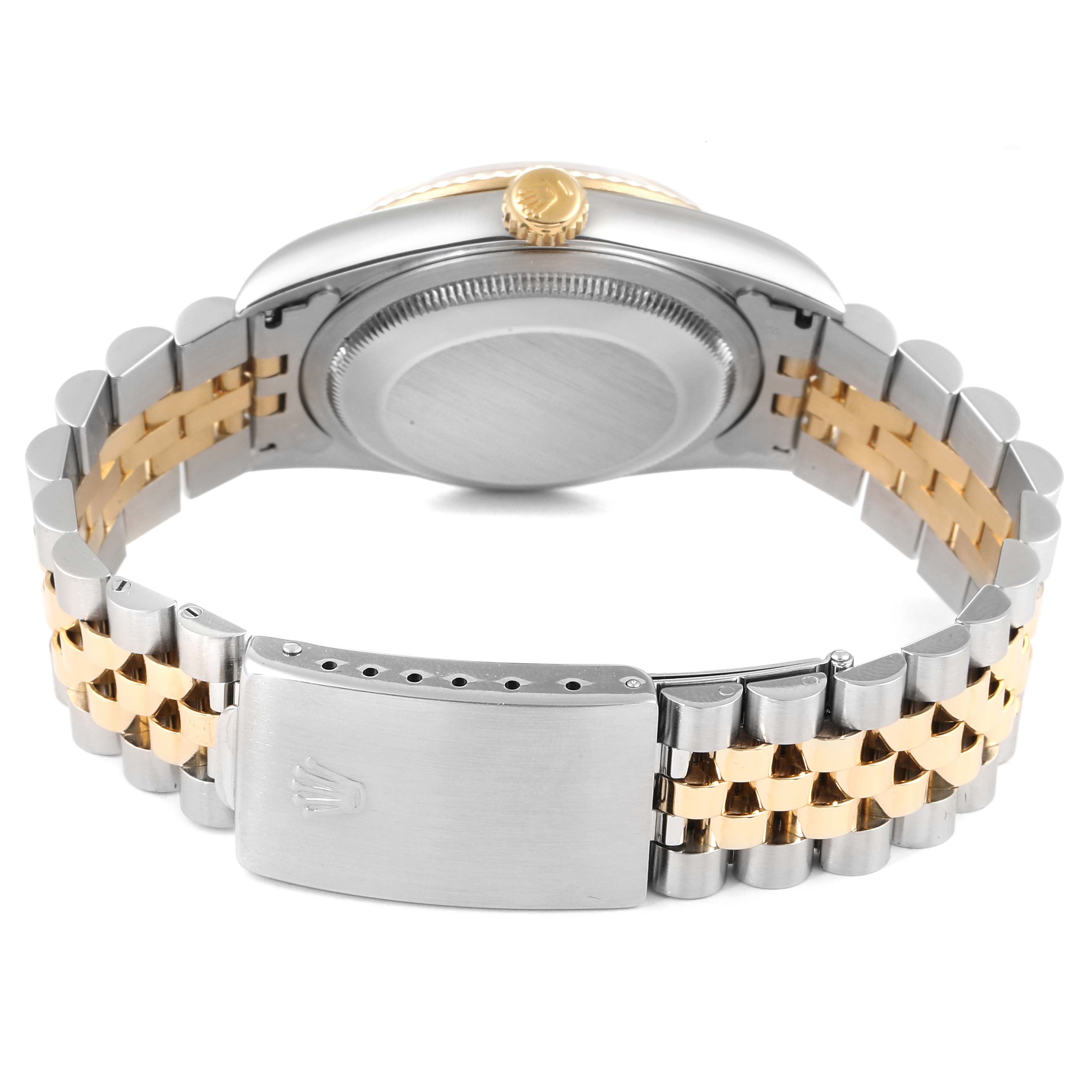 The image shows the back of a Rolex Datejust 16233 Men's Steel and Gold (two tone) Champagne Dial 16233 Men's Steel and Gold (two tone) Champagne Dial watch, including the case back, bracelet links, and clasp.