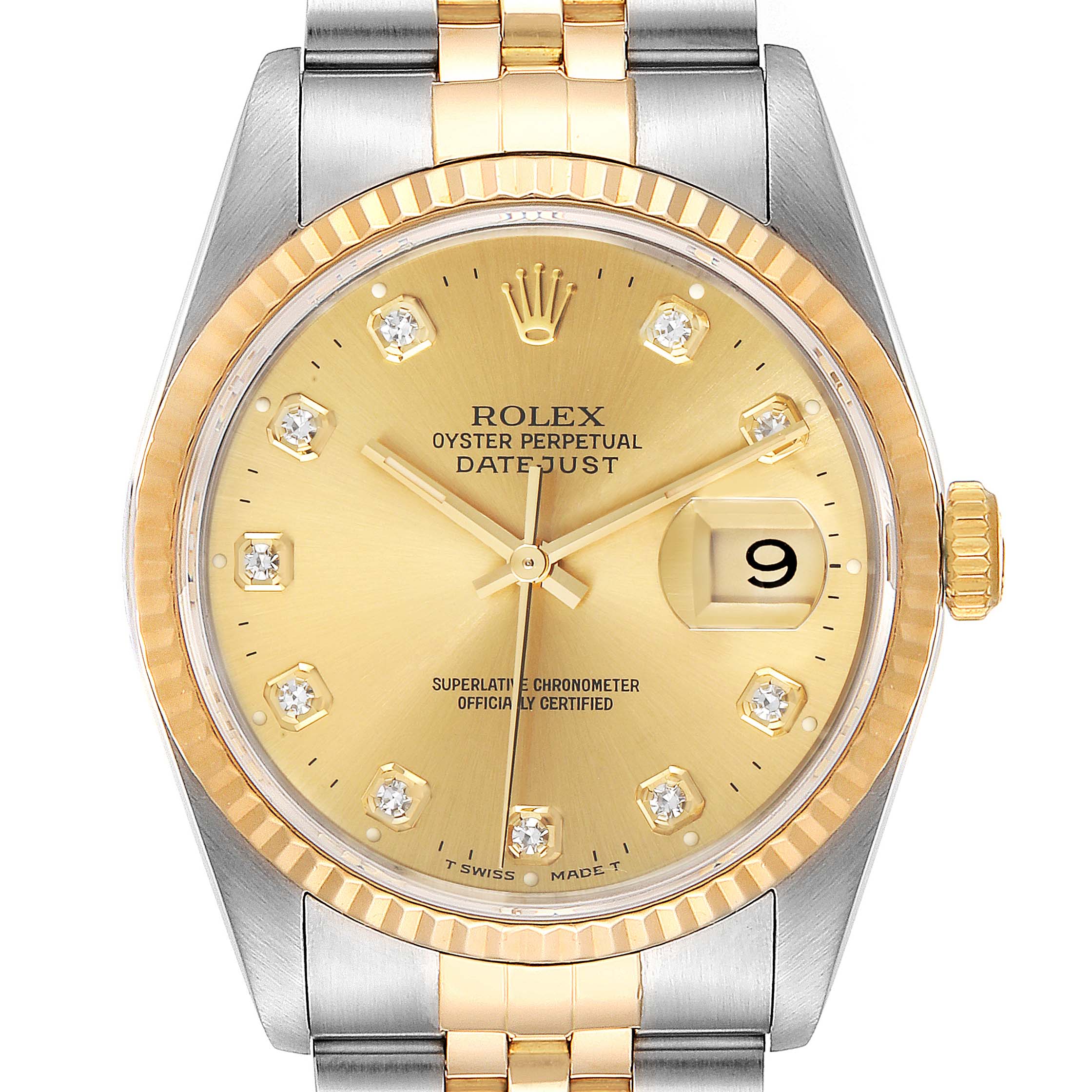 The image shows a front view of a Rolex Datejust 16233 Men's Steel and Gold (two tone) Champagne Dial 16233 Men's Steel and Gold (two tone) Champagne Dial watch, featuring a gold dial, diamond hour markers, and a date display at 3 o'clock.