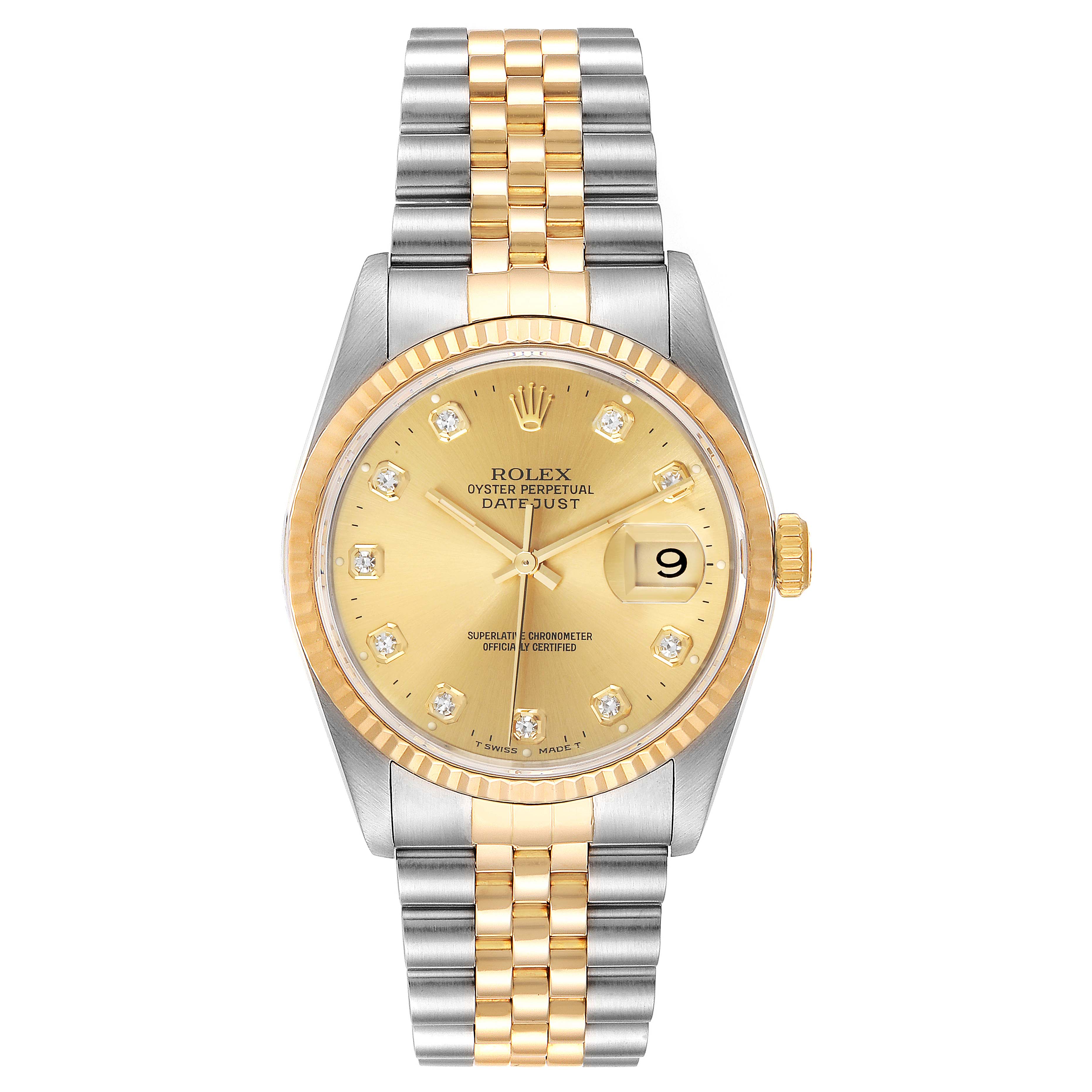 The Rolex Datejust 16233 Men's Steel and Gold (two tone) Champagne Dial 16233 Men's Steel and Gold (two tone) Champagne Dial watch is shown from a front view, displaying its dial, bezel, bracelet, and date window.