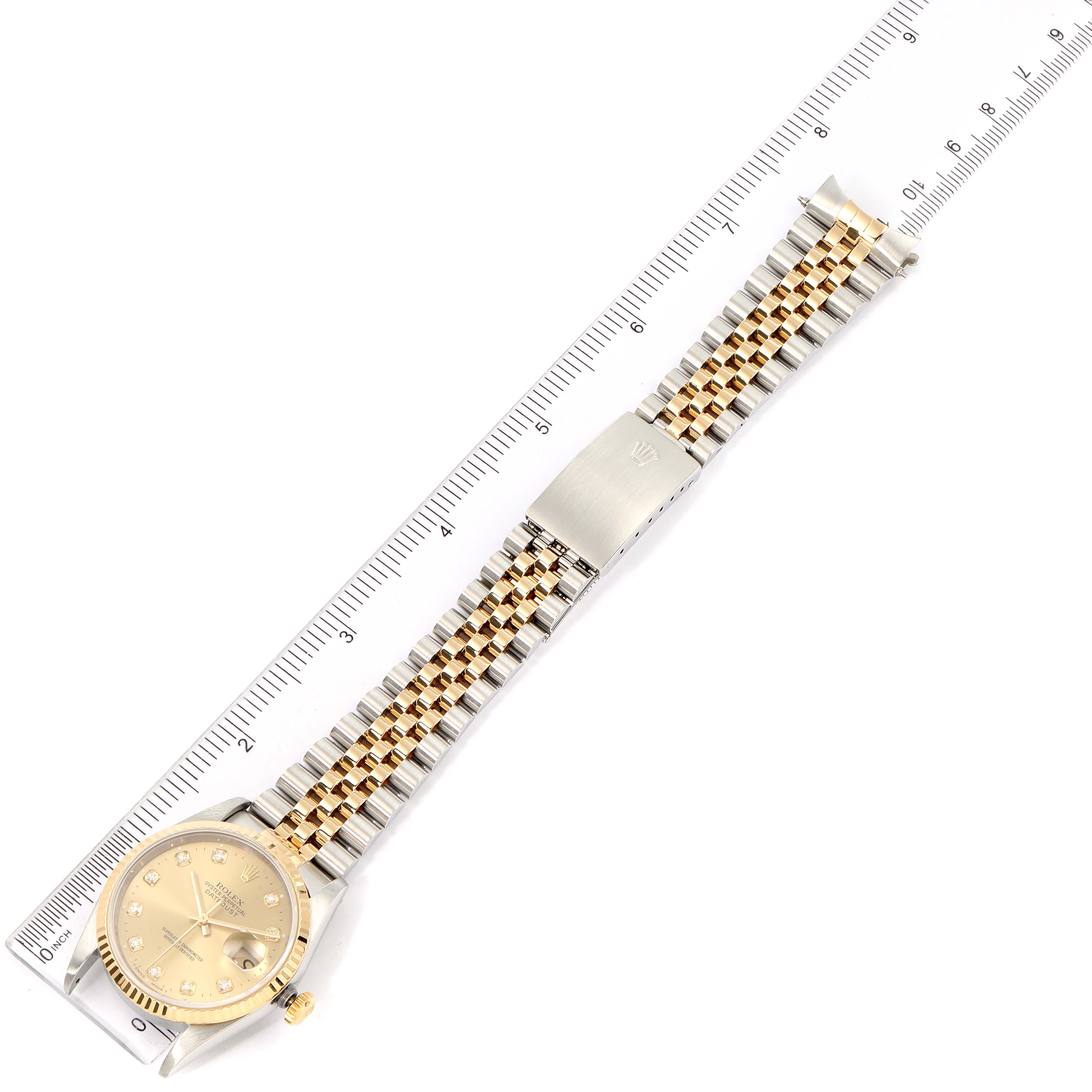 The image shows a top-down view of a Rolex Datejust 16233 Men's Steel and Gold (two tone) Champagne Dial 16233 Men's Steel and Gold (two tone) Champagne Dial watch, displaying the face, bezel, bracelet, and clasp.