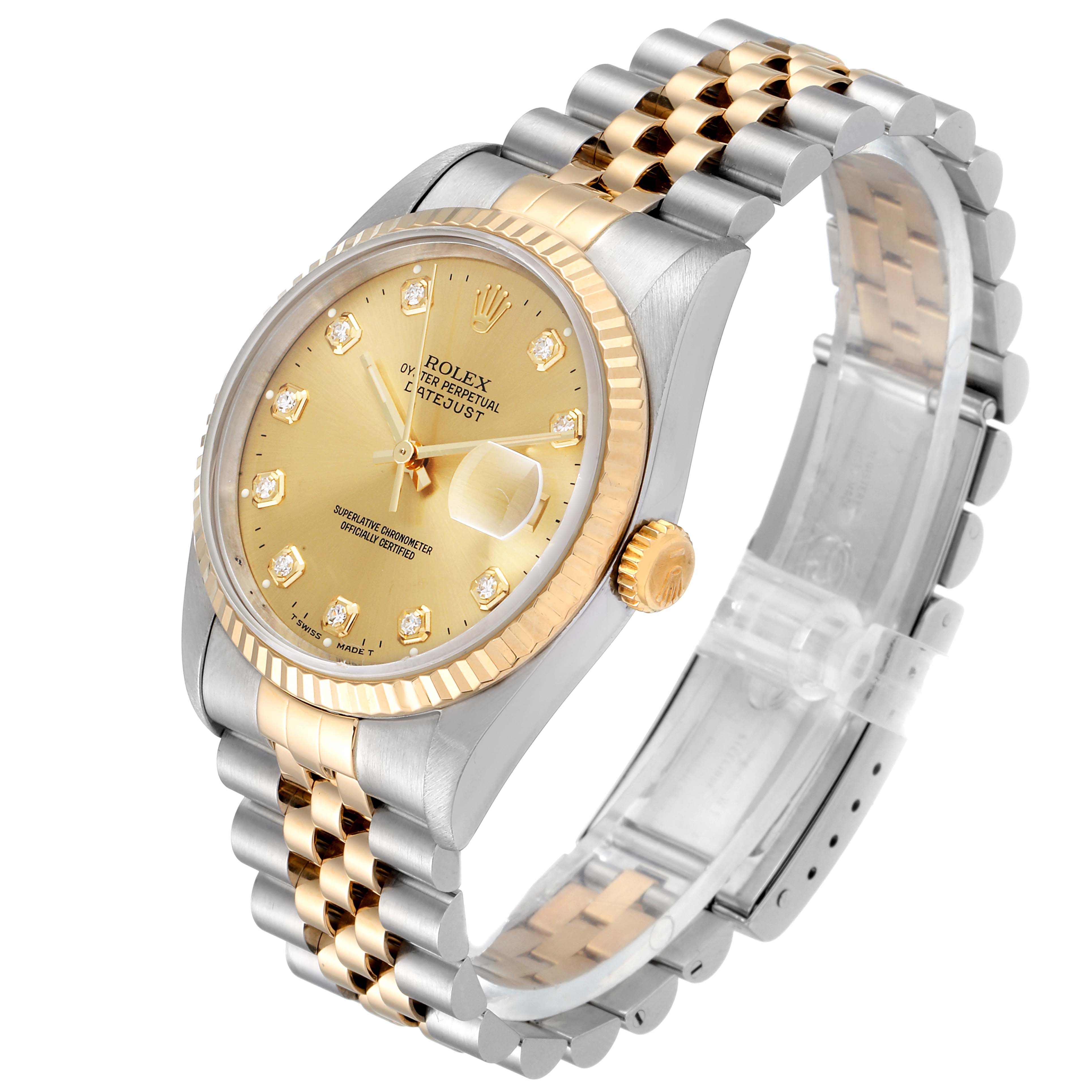 The Rolex Datejust 16233 Men's Steel and Gold (two tone) Champagne Dial 16233 Men's Steel and Gold (two tone) Champagne Dial watch is shown at an angled side view, highlighting the face, bezel, crown, and two-tone bracelet.