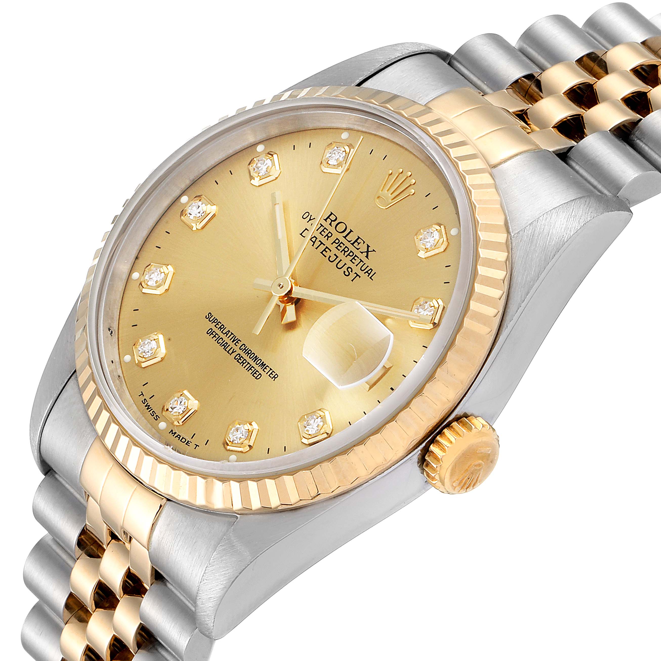 The image shows a close-up, angled view of the Rolex Datejust 16233 Men's Steel and Gold (two tone) Champagne Dial 16233 Men's Steel and Gold (two tone) Champagne Dial watch, displaying the dial, bezel, crown, and part of the bracelet.