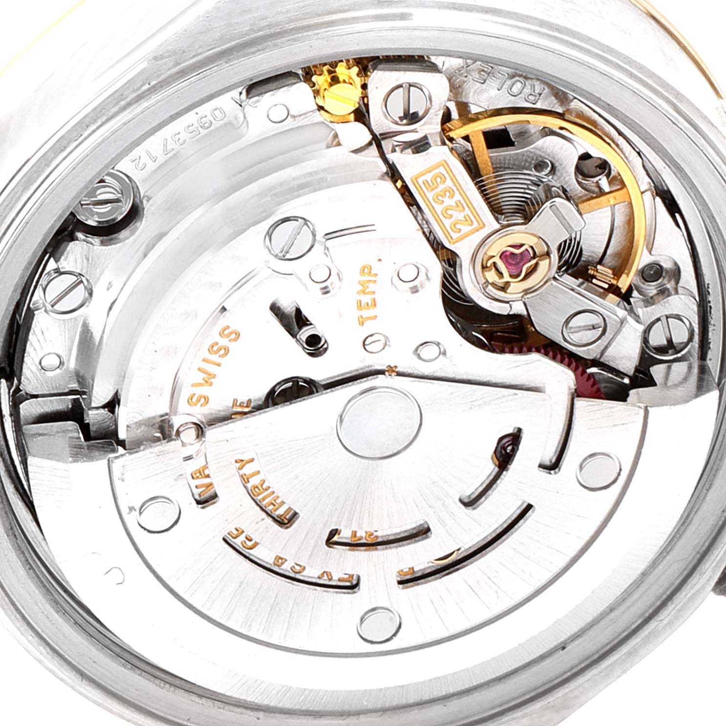 This image shows the mechanical movement of a Rolex Datejust 79163 Women
s Steel and Gold (two tone) Silver Dial 79163 Women
s Steel and Gold (two tone) Silver Dial watch, viewed from the back.