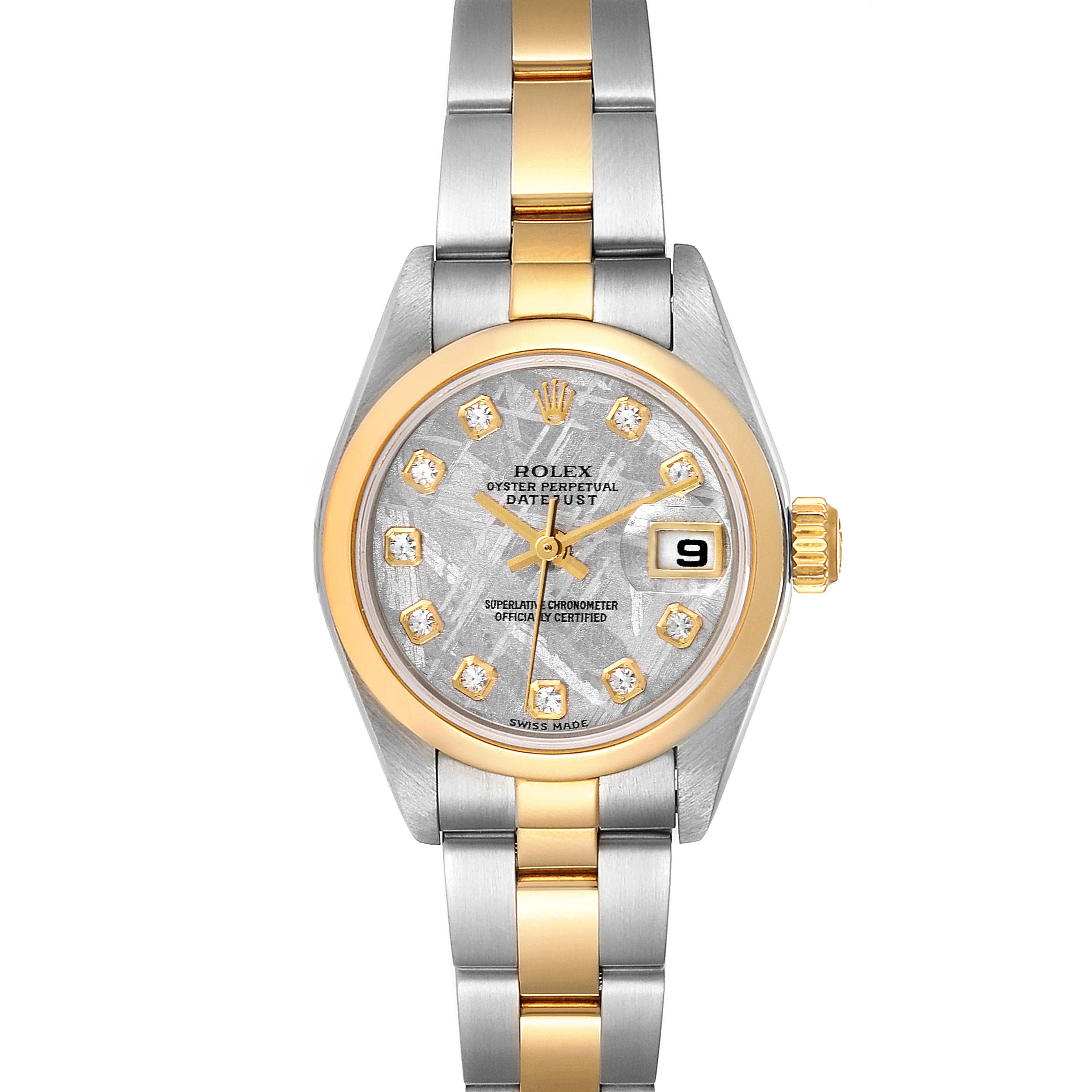 This image shows a Rolex Datejust 79163 Women
s Steel and Gold (two tone) Silver Dial 79163 Women
s Steel and Gold (two tone) Silver Dial watch from a front angle, displaying its face, bezel, and part of the bracelet.