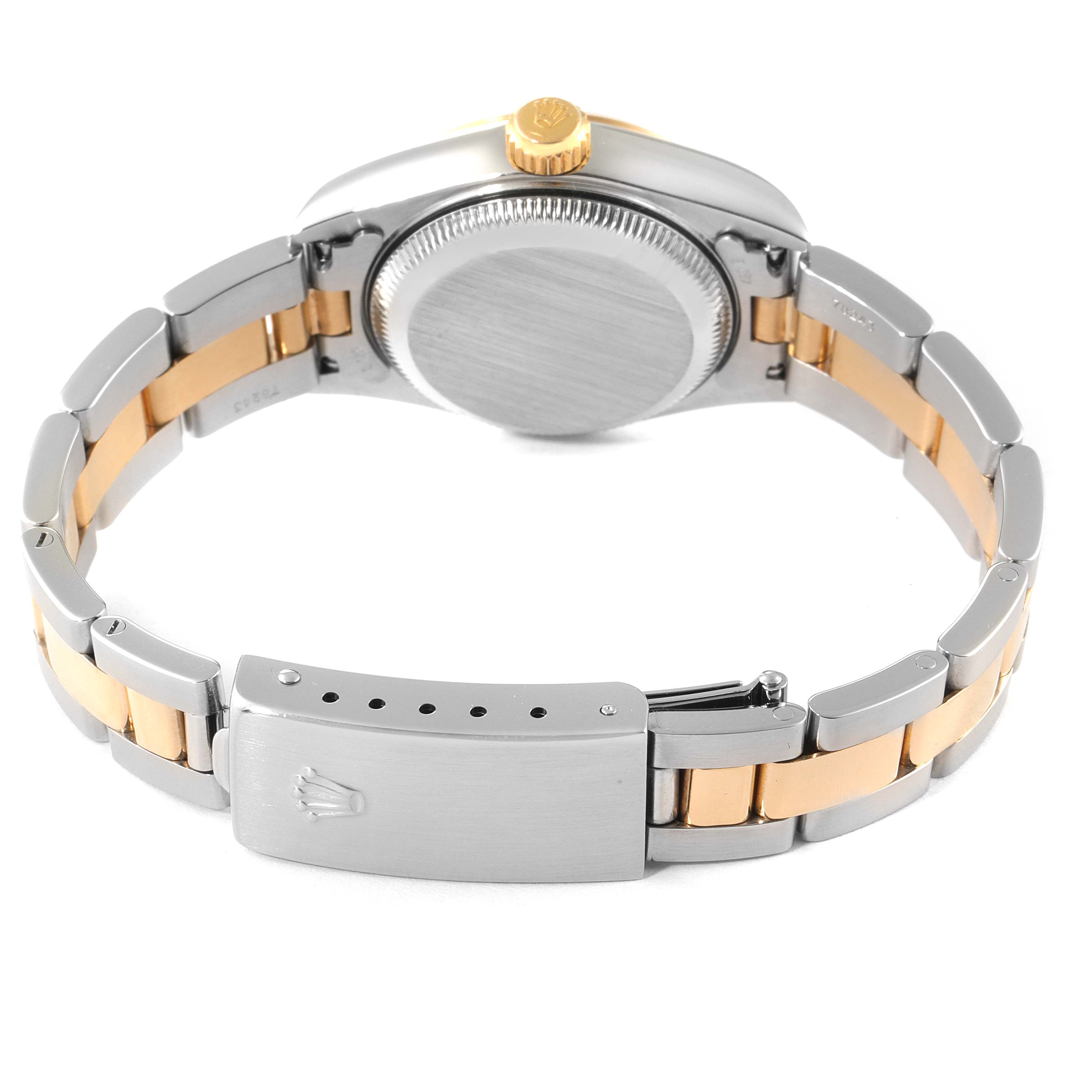 This image shows the back view of a Rolex Datejust 79163 Women
s Steel and Gold (two tone) Silver Dial 79163 Women
s Steel and Gold (two tone) Silver Dial model, displaying the clasp, bracelet, and case back.