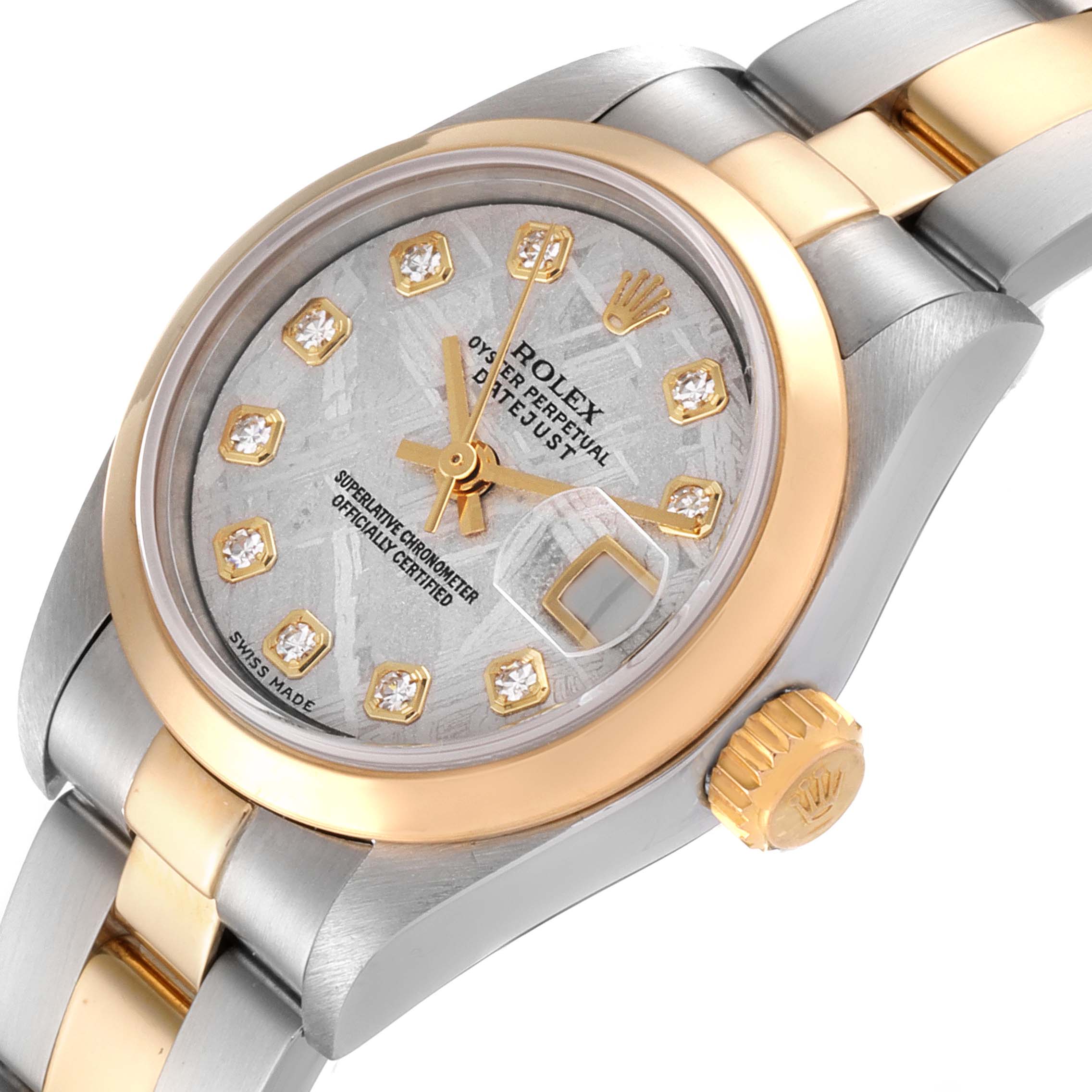 The image shows a close-up angled view of the Rolex Datejust 79163 Women
s Steel and Gold (two tone) Silver Dial 79163 Women
s Steel and Gold (two tone) Silver Dial watch, highlighting the face, bezel, and part of the bracelet.