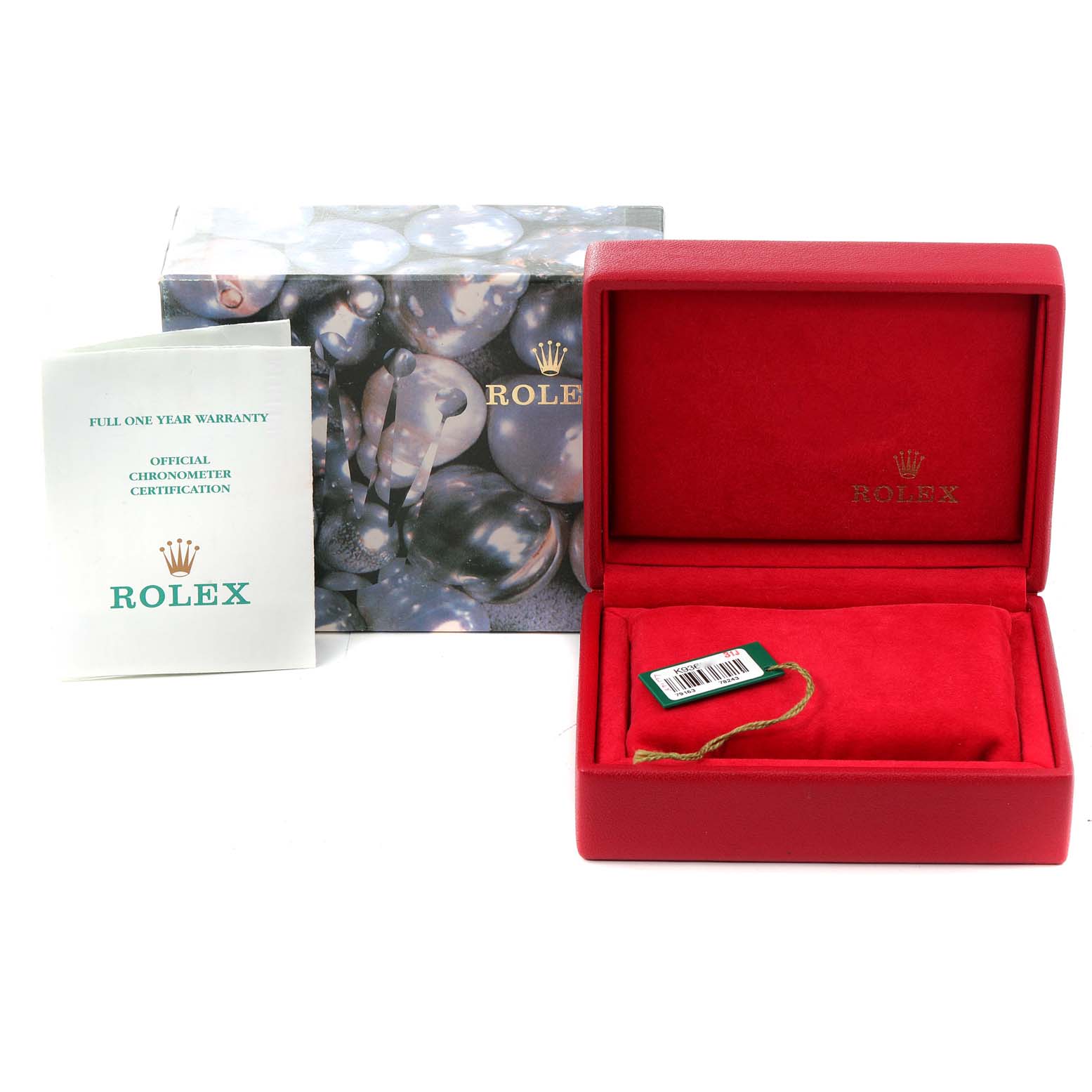 The image shows a Rolex Datejust 79163 Women
s Steel and Gold (two tone) Silver Dial 79163 Women
s Steel and Gold (two tone) Silver Dial watch
s box, warranty card, and certification booklet from a front angle.