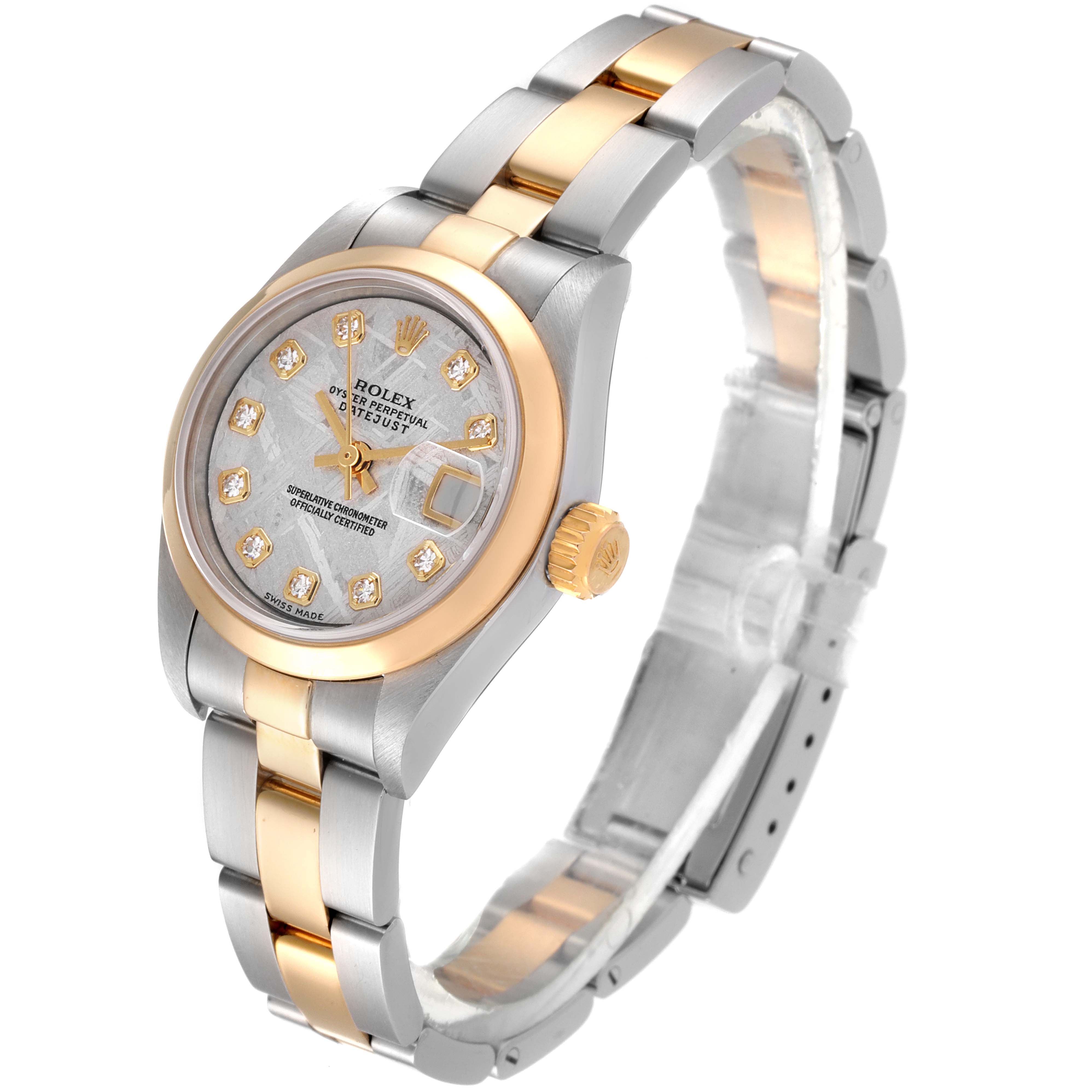 This Rolex Datejust 79163 Women
s Steel and Gold (two tone) Silver Dial 79163 Women
s Steel and Gold (two tone) Silver Dial watch is shown at a front angle, highlighting its dial, bezel, crown, and two-tone bracelet.