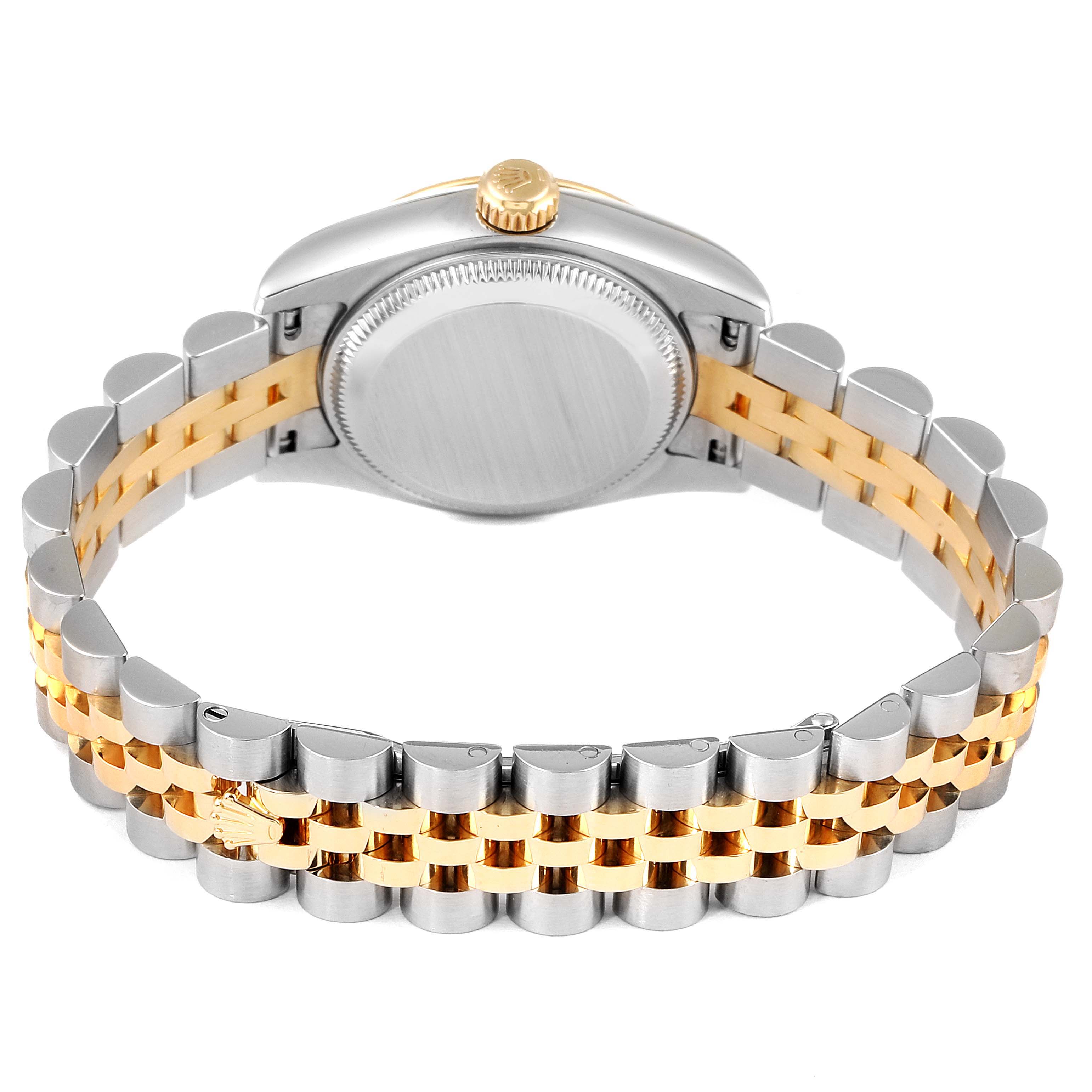 This image shows the back case and two-tone bracelet of the Rolex Datejust 179173 Women's Steel and Gold (two tone) Mother of Pearl Dial 179173 Women's Steel and Gold (two tone) Mother of Pearl Dial watch.