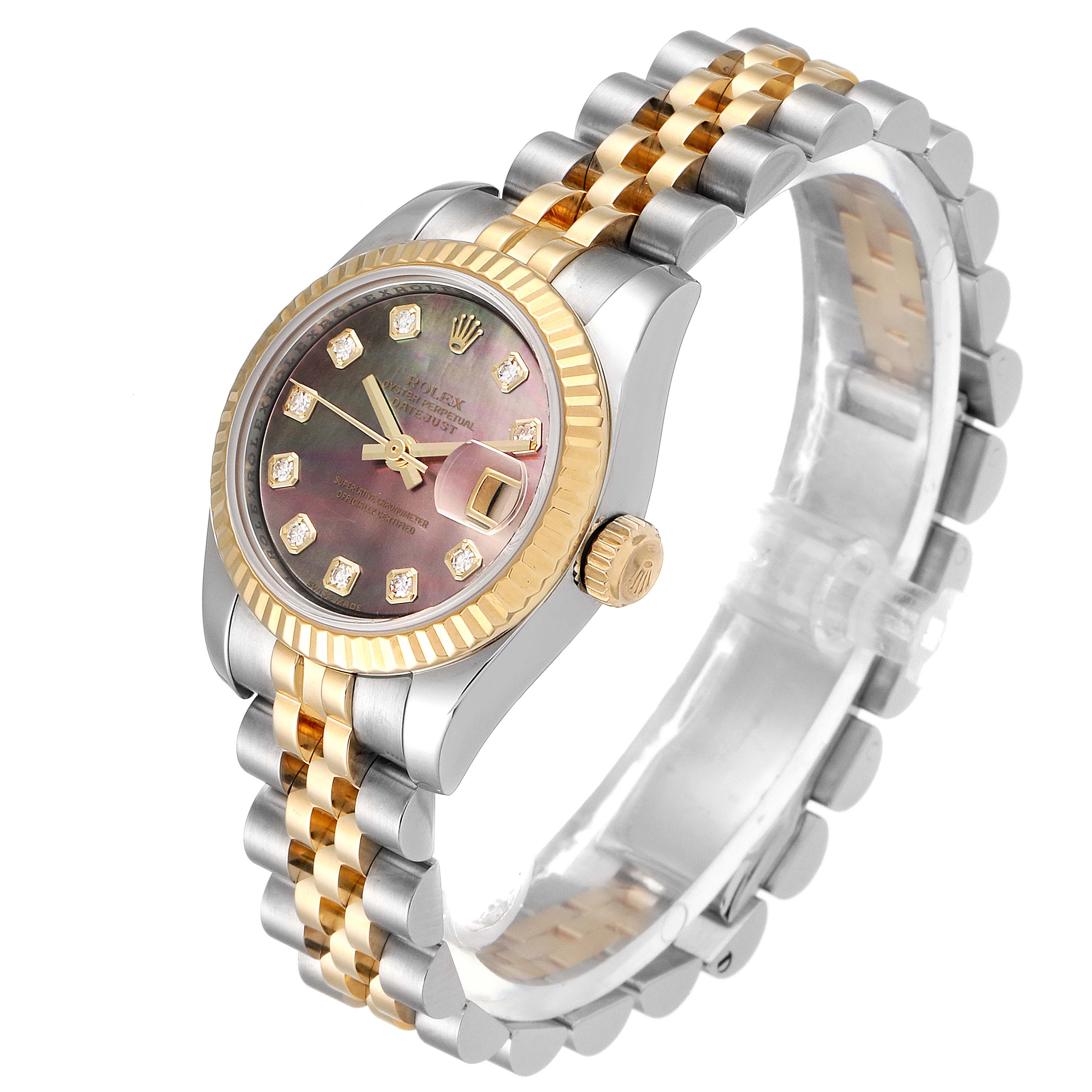 The Rolex Datejust 179173 Women's Steel and Gold (two tone) Mother of Pearl Dial 179173 Women's Steel and Gold (two tone) Mother of Pearl Dial watch is shown from a three-quarter angle, displaying the face, crown, and jubilee bracelet.