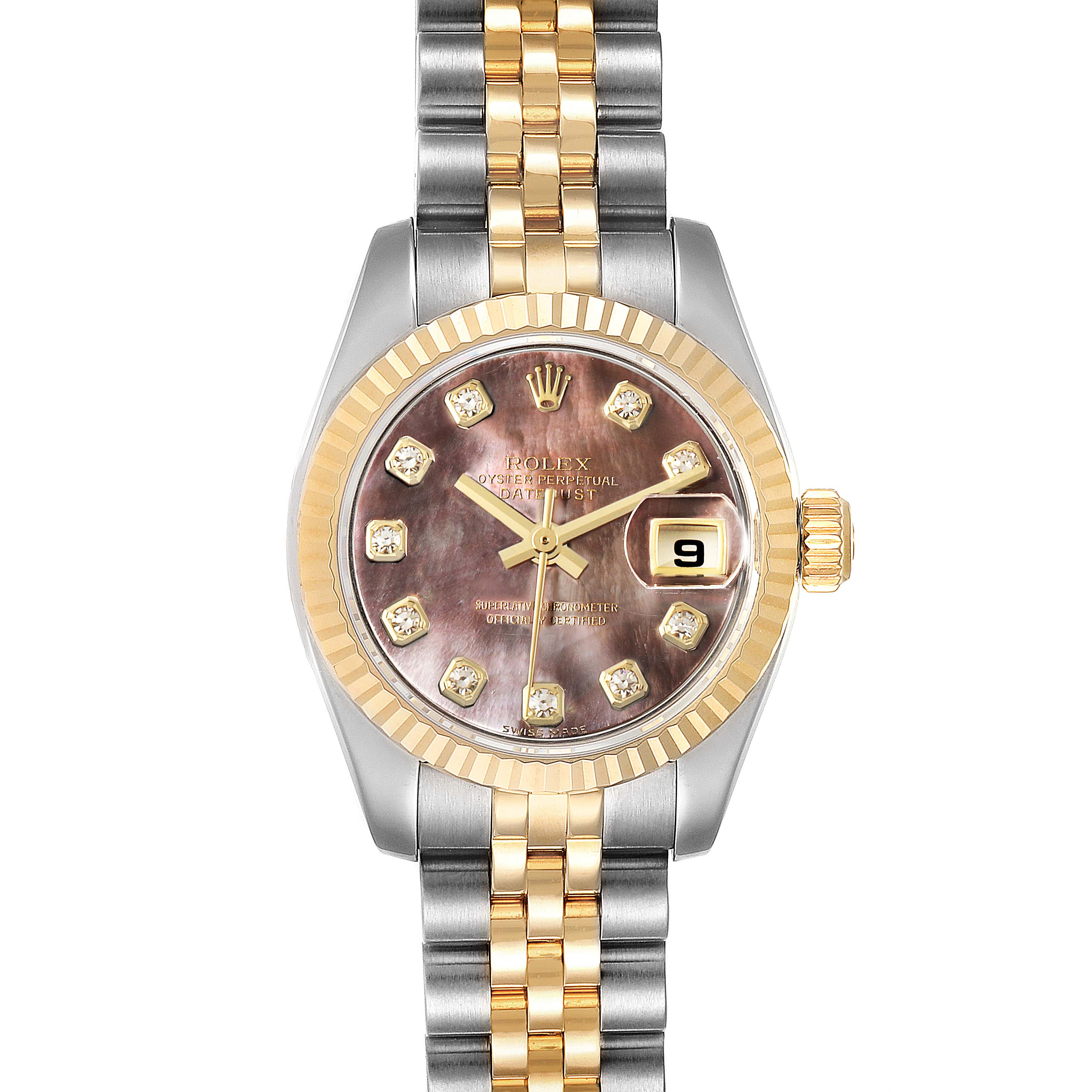 Front view of the Rolex Datejust 179173 Women's Steel and Gold (two tone) Mother of Pearl Dial 179173 Women's Steel and Gold (two tone) Mother of Pearl Dial watch showcasing the face, bezel, crown, and two-tone bracelet.