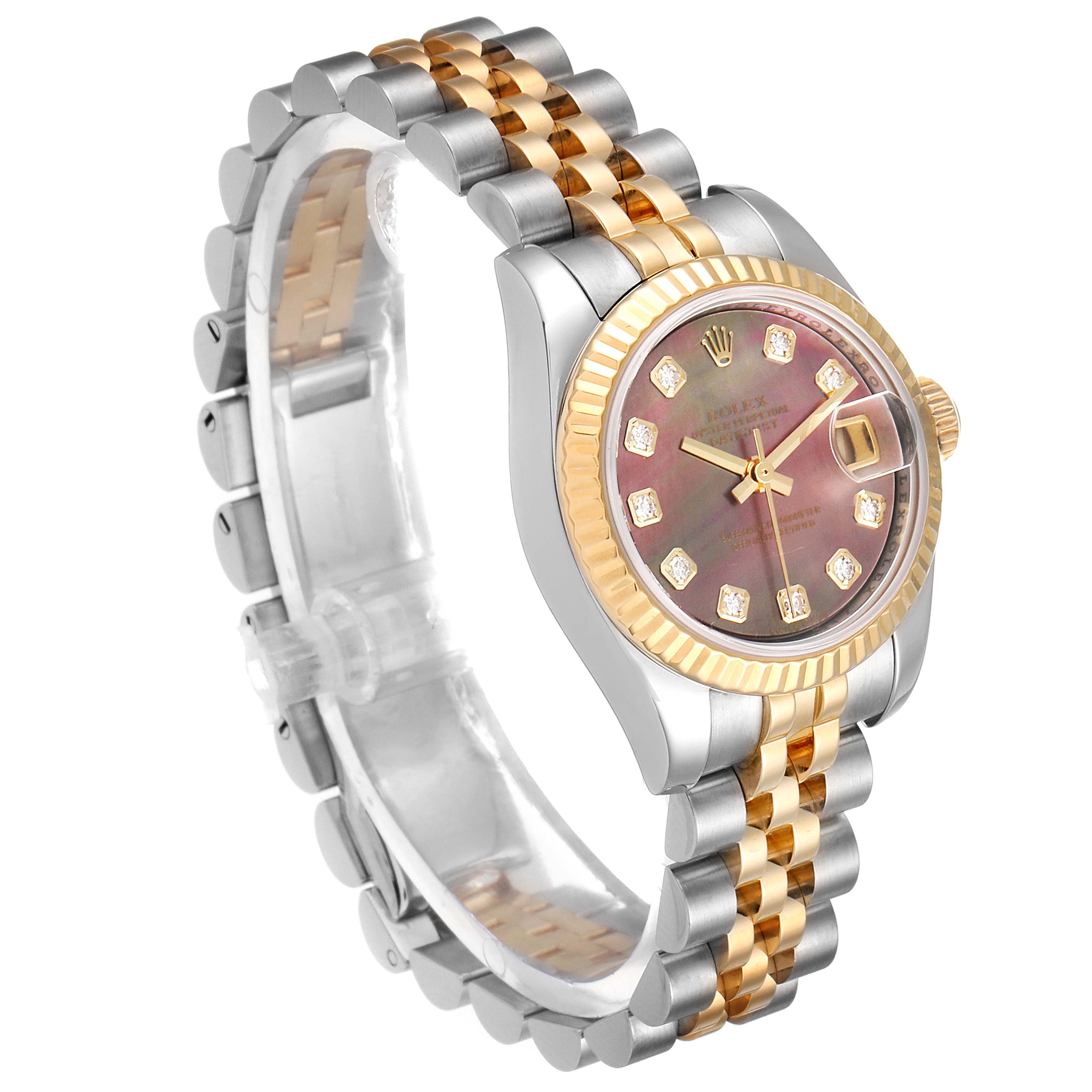 The Rolex Datejust 179173 Women's Steel and Gold (two tone) Mother of Pearl Dial 179173 Women's Steel and Gold (two tone) Mother of Pearl Dial watch is shown at a slight angle, highlighting its two-tone bracelet, fluted bezel, and diamond hour markers on the dial.