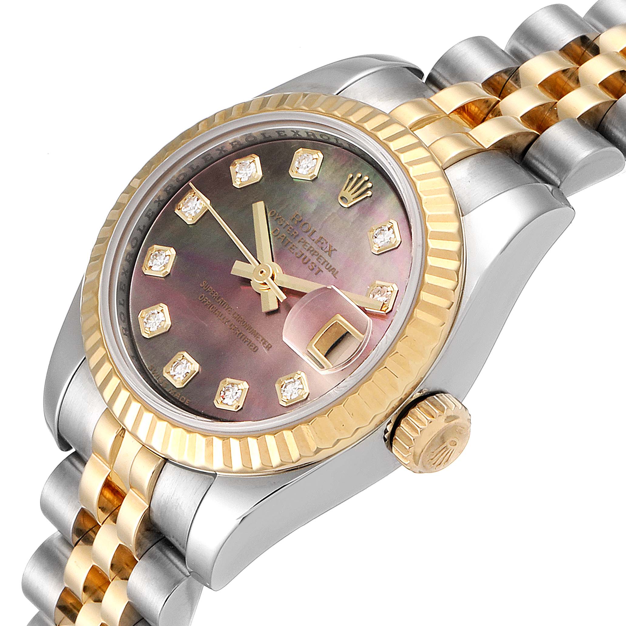 This image shows a Rolex Datejust 179173 Women's Steel and Gold (two tone) Mother of Pearl Dial 179173 Women's Steel and Gold (two tone) Mother of Pearl Dial watch from a slightly angled top view, highlighting its bezel, crown, and part of the bracelet.