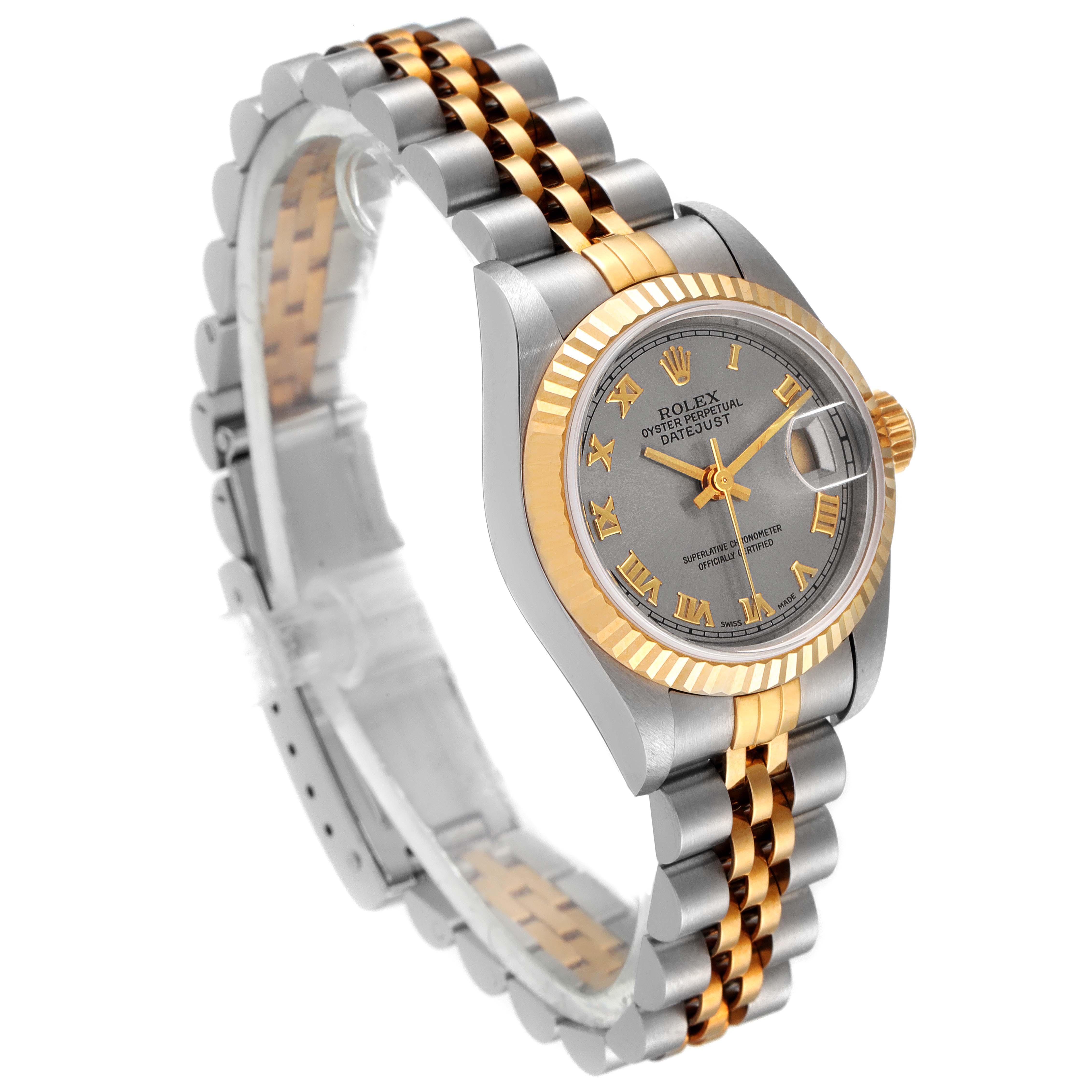 The Rolex Datejust 69173 Women's Steel and Gold (two tone) Grey Dial 69173 Women's Steel and Gold (two tone) Grey Dial watch is shown at an oblique angle, displaying its face, bezel, crown, and two-tone bracelet.