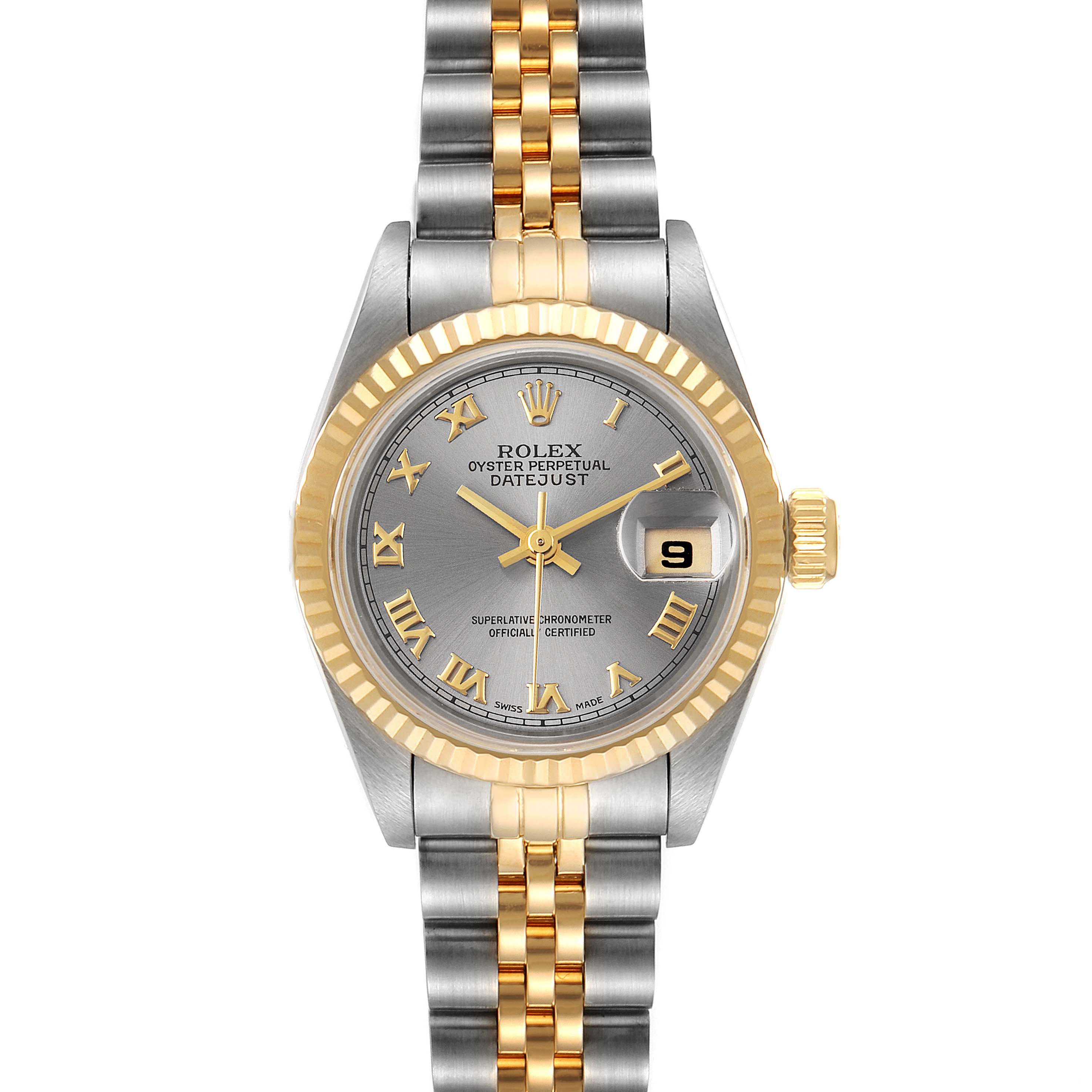 The image shows a front view of a Rolex Datejust 69173 Women's Steel and Gold (two tone) Grey Dial 69173 Women's Steel and Gold (two tone) Grey Dial watch, displaying the dial, bezel, and bracelet.