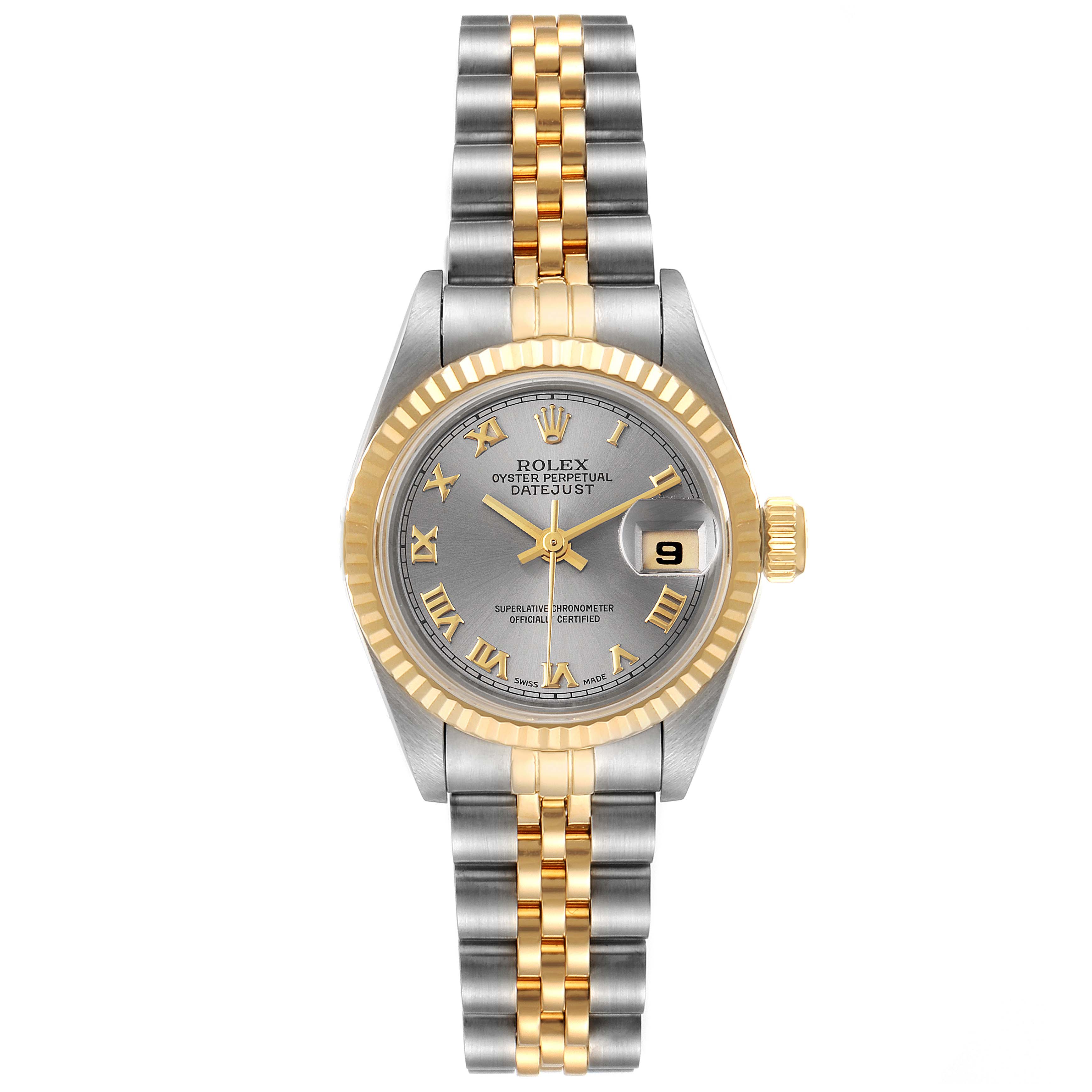The Rolex Datejust 69173 Women's Steel and Gold (two tone) Grey Dial 69173 Women's Steel and Gold (two tone) Grey Dial watch is shown in a front view, highlighting the dial, bezel, crown, and two-tone bracelet.