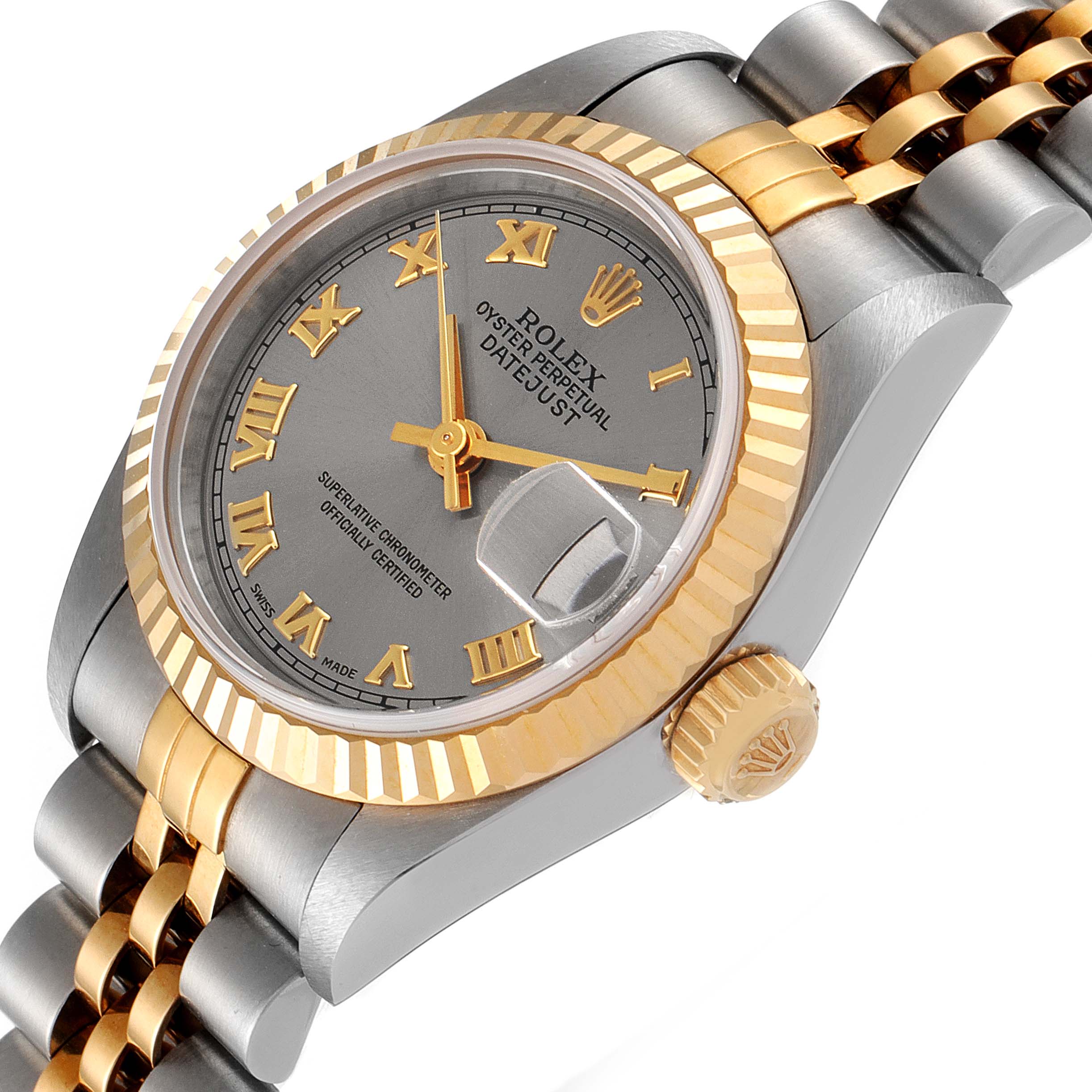 The image shows a tilted view of the Rolex Datejust 69173 Women's Steel and Gold (two tone) Grey Dial 69173 Women's Steel and Gold (two tone) Grey Dial watch, highlighting its dial, fluted bezel, crown, and two-tone bracelet.