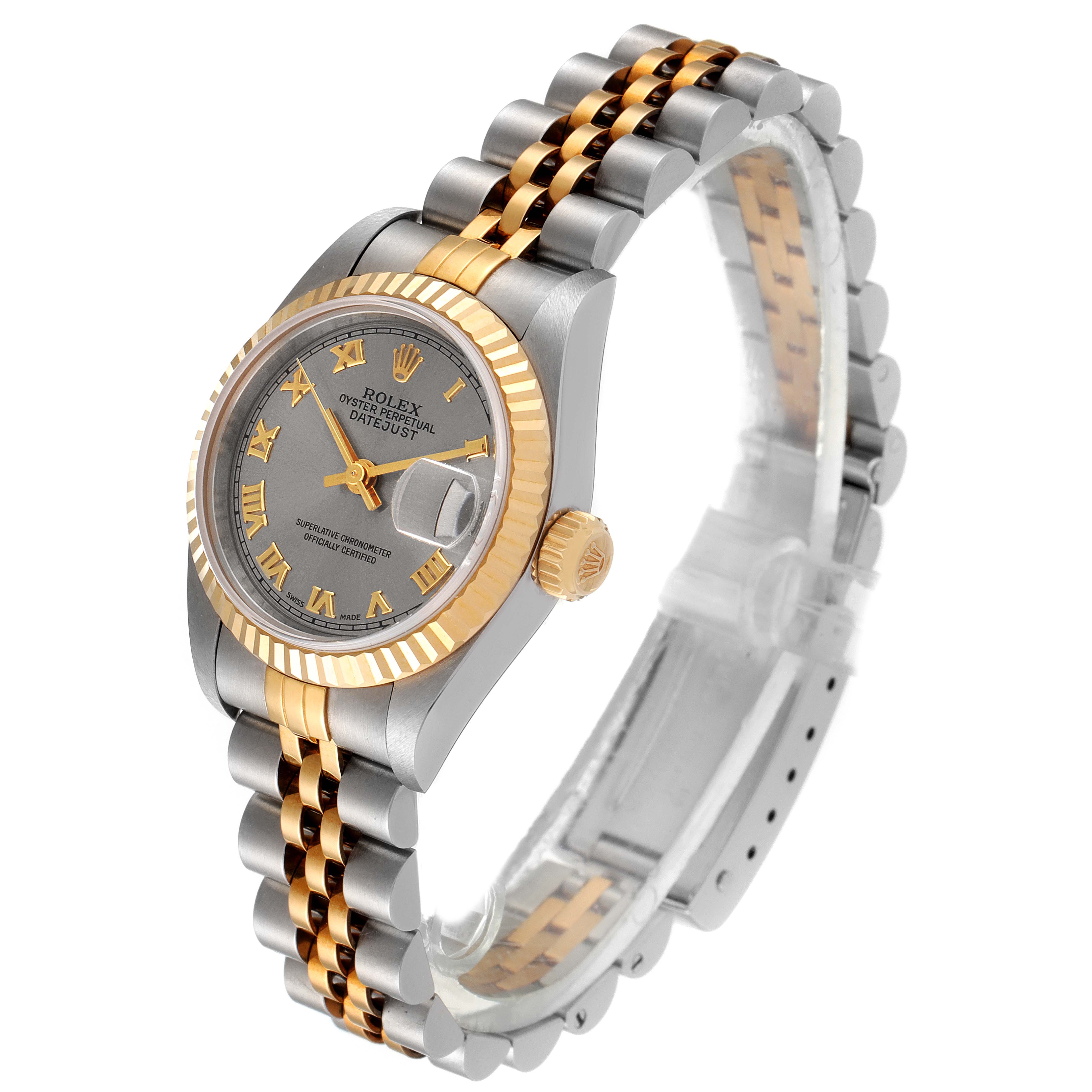 This Rolex Datejust 69173 Women's Steel and Gold (two tone) Grey Dial 69173 Women's Steel and Gold (two tone) Grey Dial watch is shown at a slight angle, highlighting the dial, bezel, crown, and two-tone bracelet.