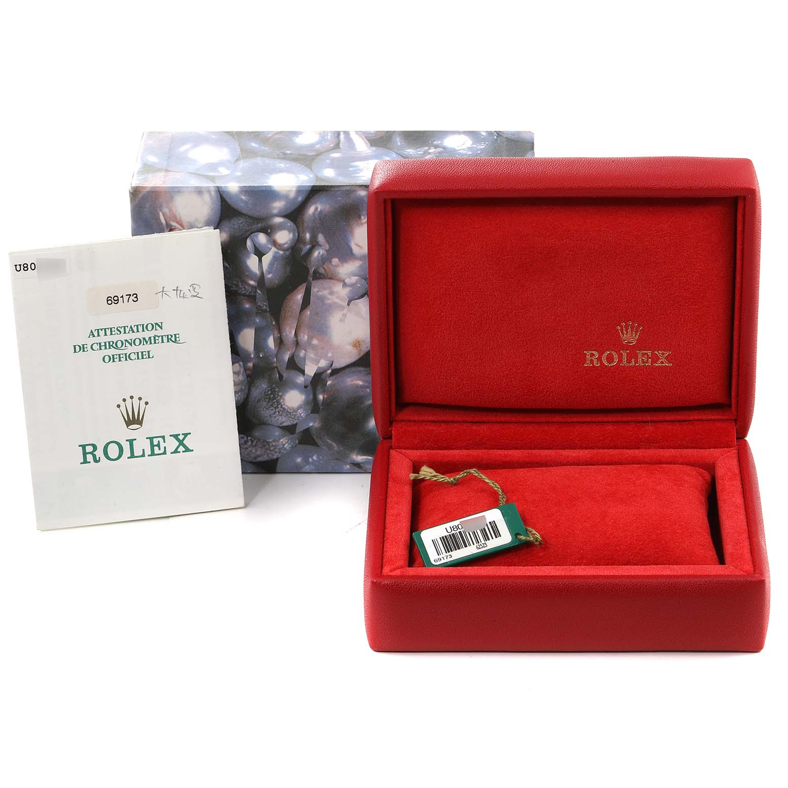 The image shows the Rolex Datejust 69173 Women's Steel and Gold (two tone) Grey Dial 69173 Women's Steel and Gold (two tone) Grey Dial packaging, including the red box, certificate, and tag.