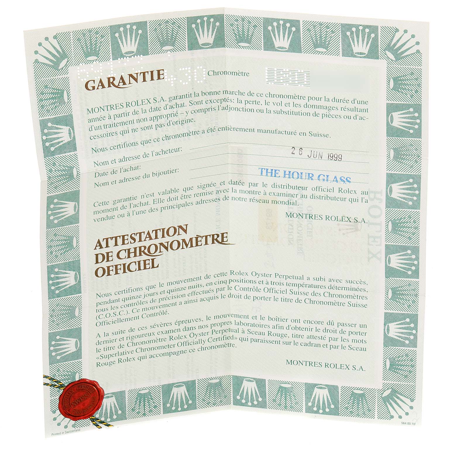 The image shows a warranty certificate for the Rolex Datejust 69173 Women's Steel and Gold (two tone) Grey Dial 69173 Women's Steel and Gold (two tone) Grey Dial model with text in French and a green border with Rolex logos.