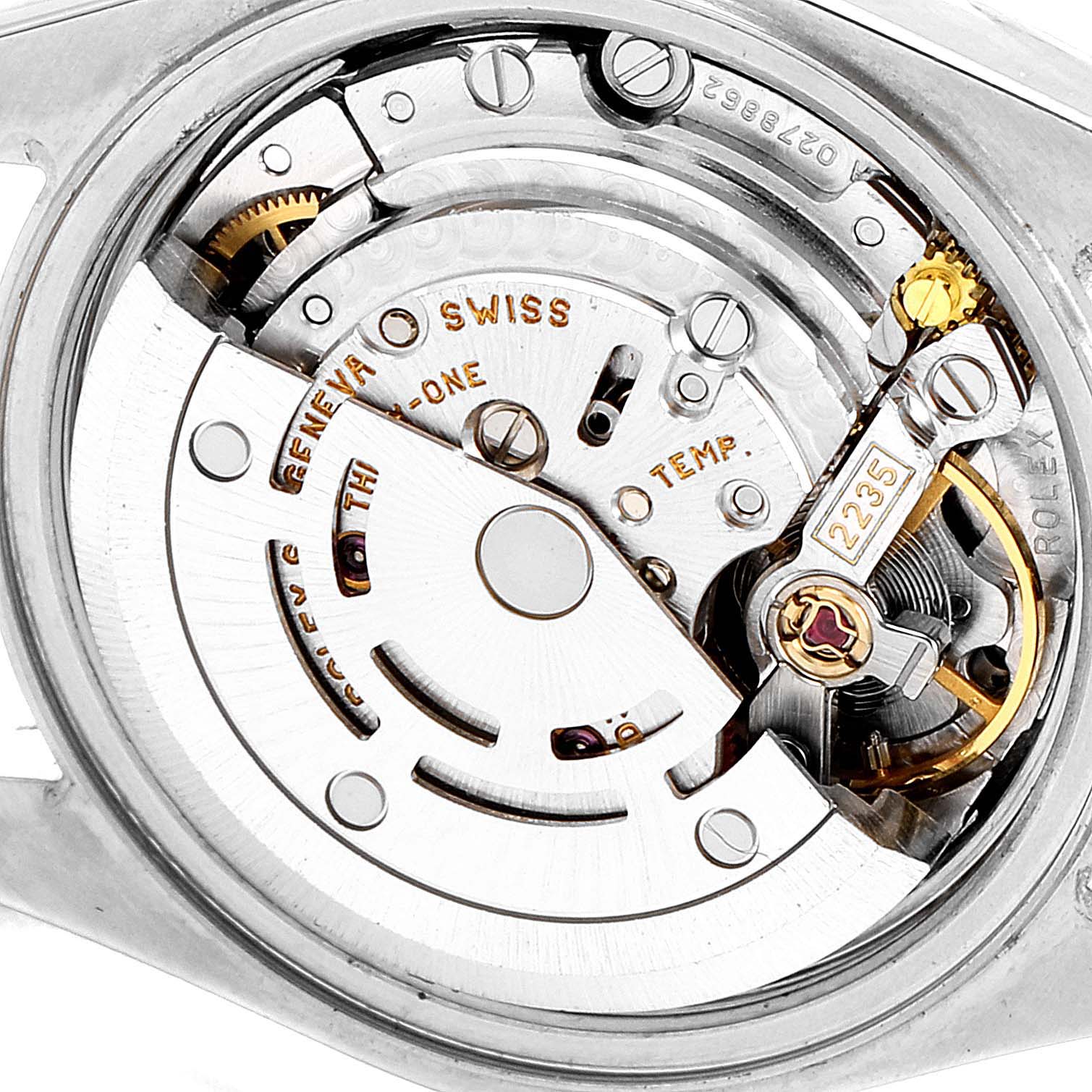 This image of a Rolex Datejust 79173 Women's Steel and Gold (two tone) White Dial 79173 Women's Steel and Gold (two tone) White Dial watch shows the internal mechanical movement from a close-up, top-down angle.