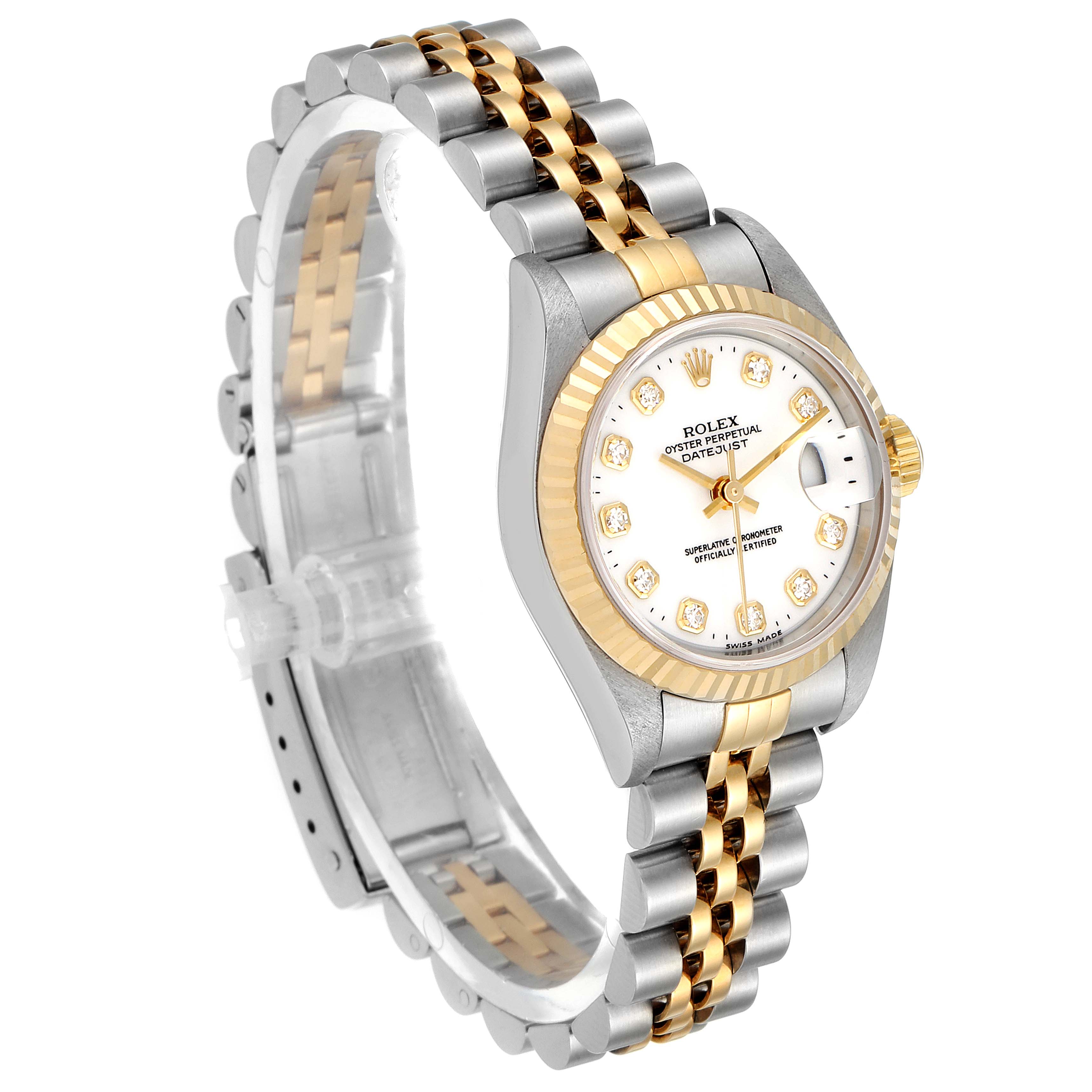 The image shows a side angle of a Rolex Datejust 79173 Women's Steel and Gold (two tone) White Dial 79173 Women's Steel and Gold (two tone) White Dial watch, highlighting its two-tone band, fluted bezel, and dial with diamond markers.