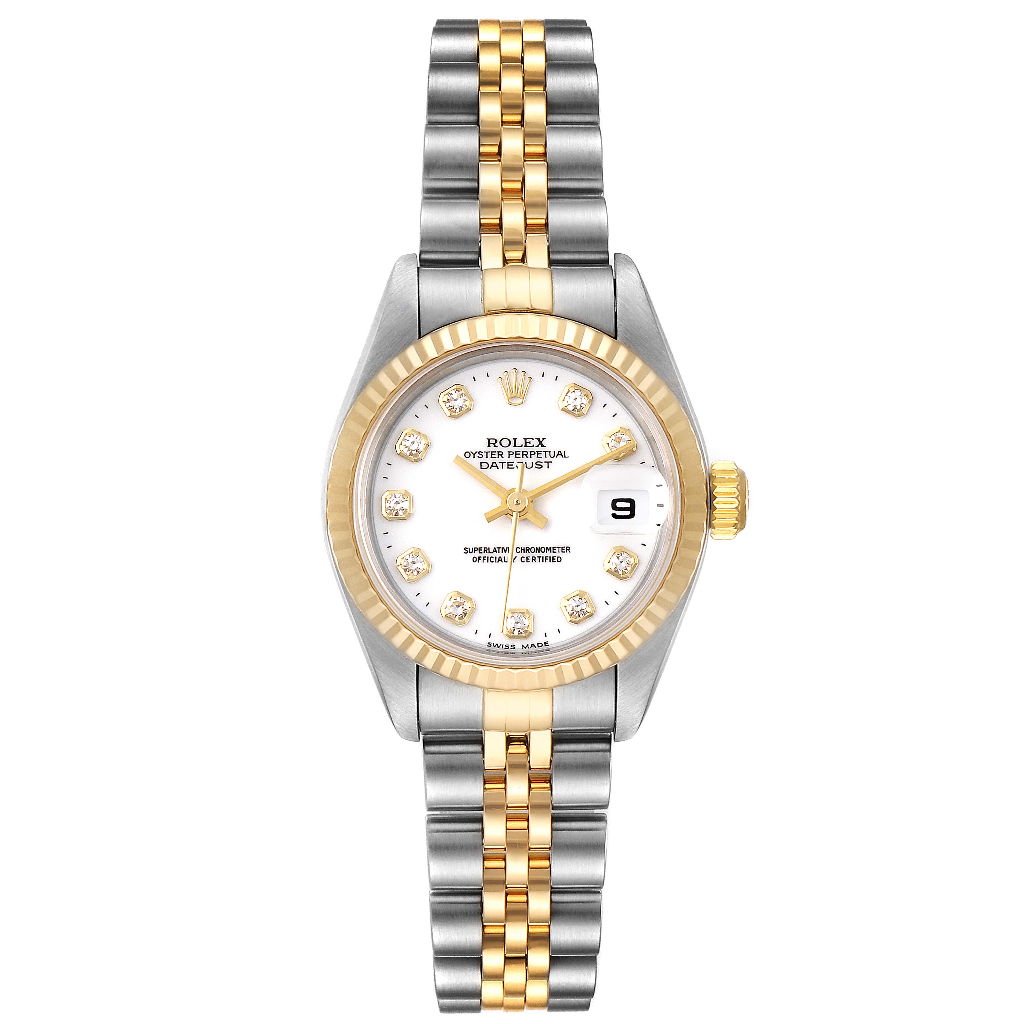 The Rolex Datejust 79173 Women's Steel and Gold (two tone) White Dial 79173 Women's Steel and Gold (two tone) White Dial watch is shown from the front, displaying its face, bezel, and bracelet.