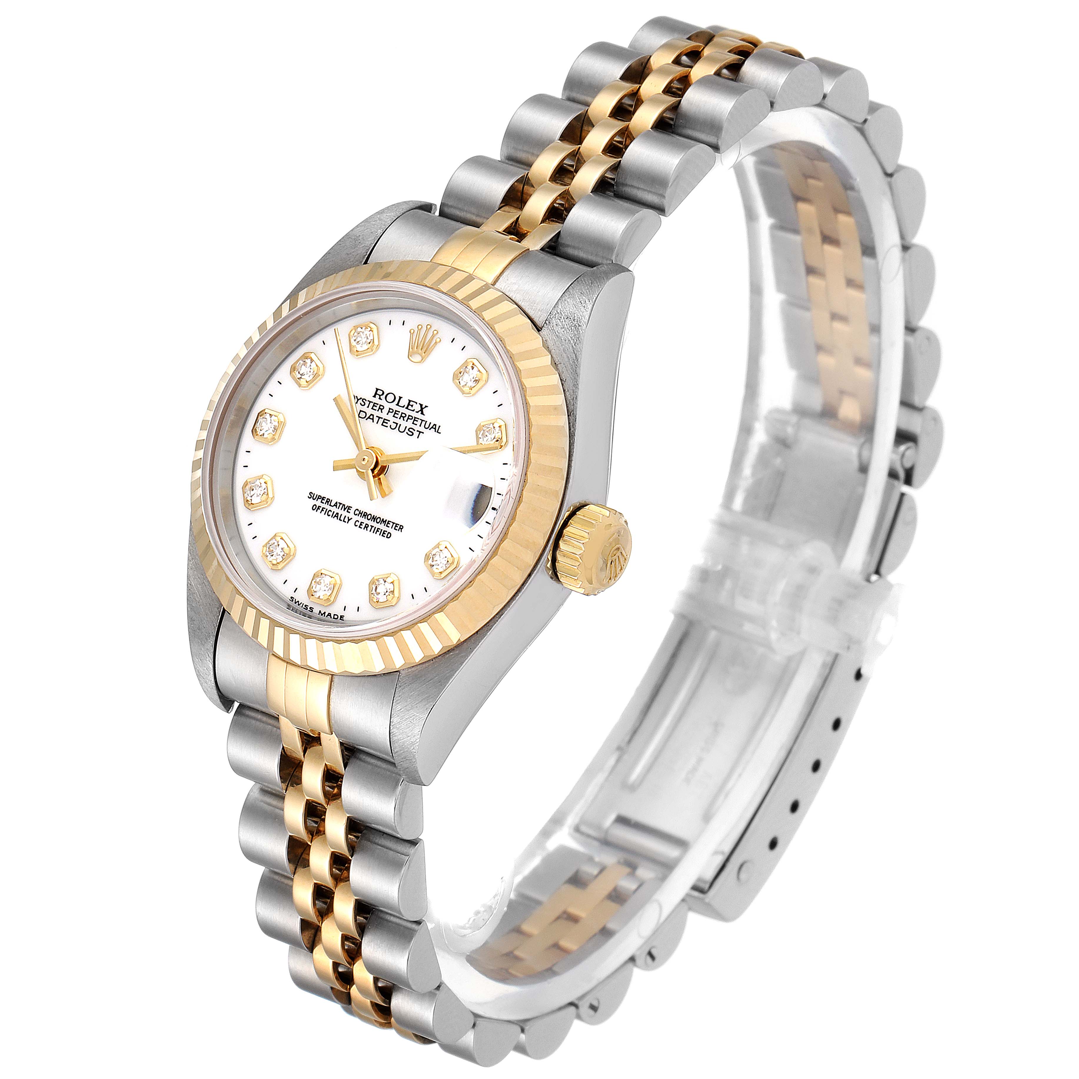The image shows a side angle of the Rolex Datejust 79173 Women's Steel and Gold (two tone) White Dial 79173 Women's Steel and Gold (two tone) White Dial watch, highlighting its two-tone bracelet, crown, and fluted bezel.
