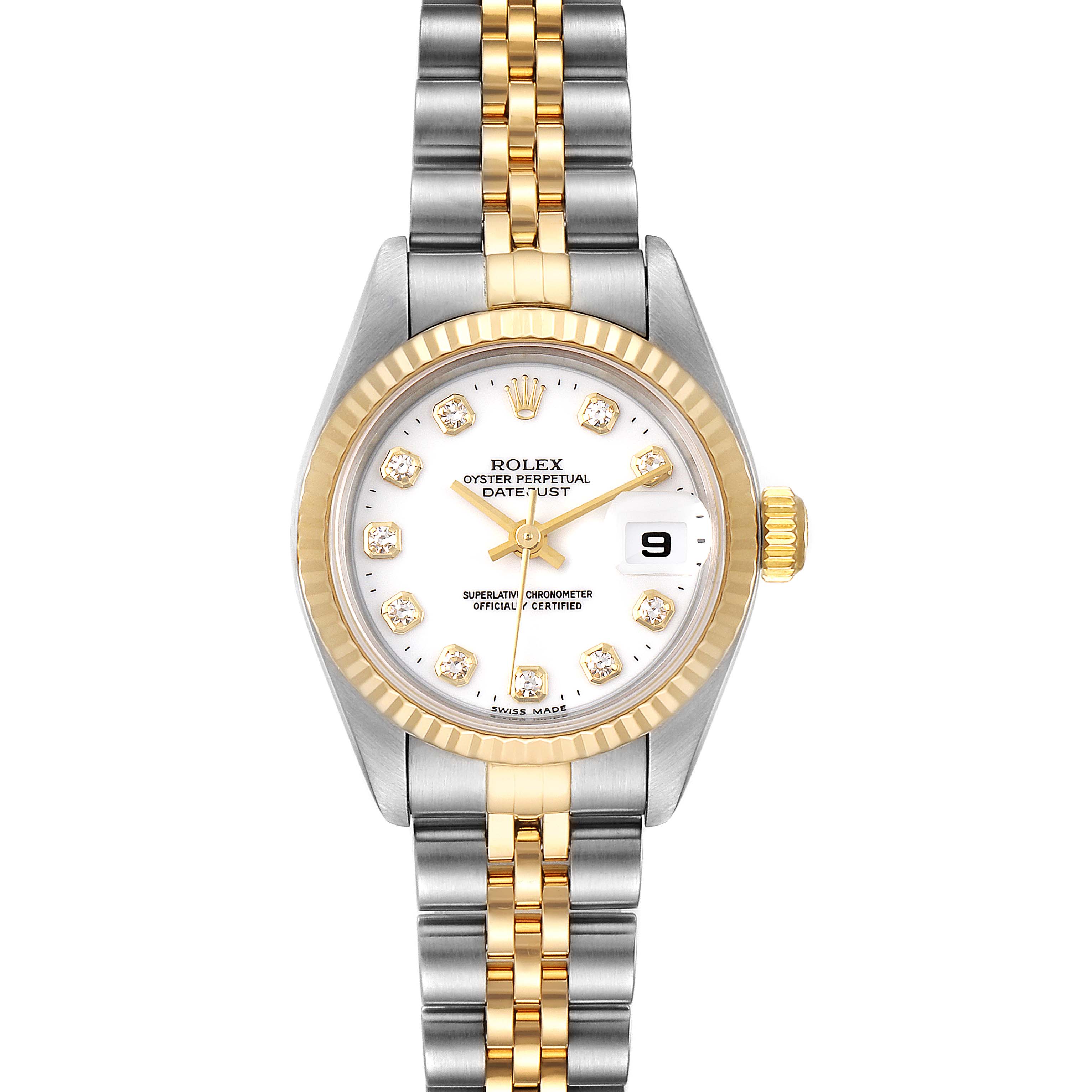 This is a front view of a Rolex Datejust 79173 Women's Steel and Gold (two tone) White Dial 79173 Women's Steel and Gold (two tone) White Dial watch showing the dial, case, bezel, crown, and two-tone bracelet.