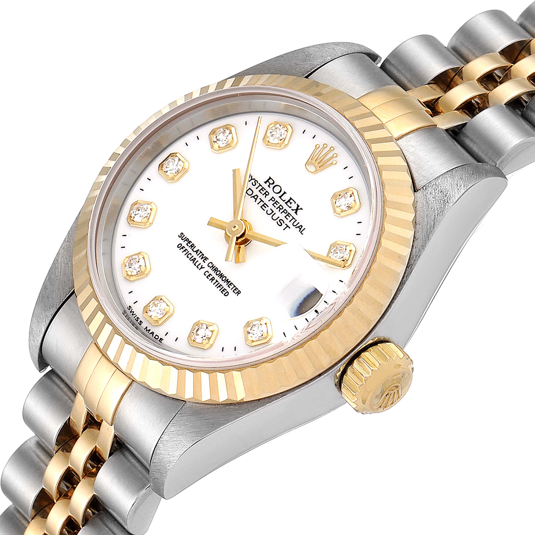 The Rolex Datejust 79173 Women's Steel and Gold (two tone) White Dial 79173 Women's Steel and Gold (two tone) White Dial watch is shown at an angled view highlighting the dial, crown, fluted bezel, and part of the bracelet.