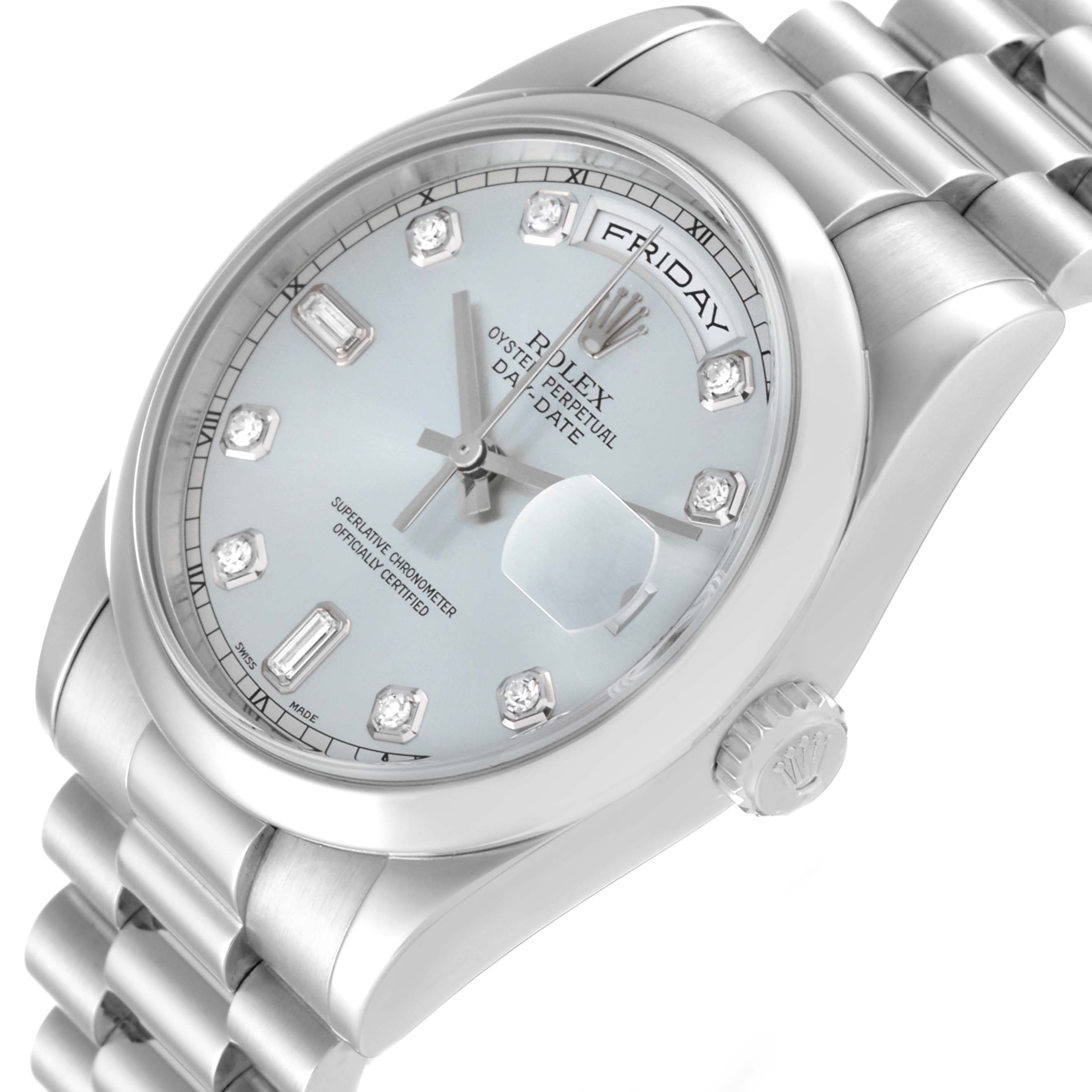 This image shows a Rolex President 118206 Men's Platinum Silver Dial 118206 Men's Platinum Silver Dial model watch at a three-quarter angle, highlighting the face, bracelet, crown, and bezel.