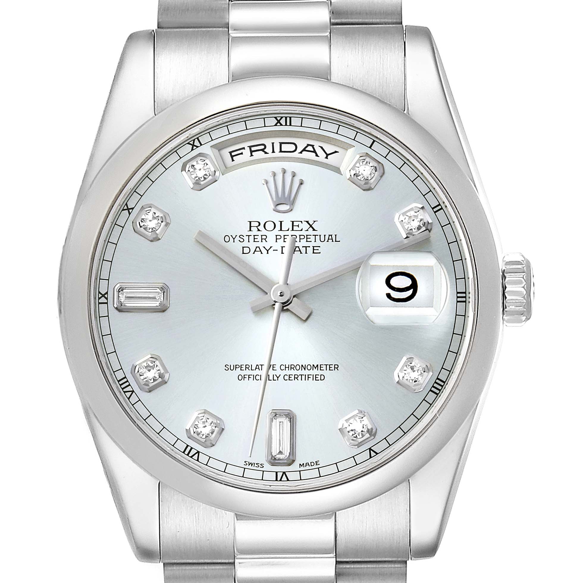 The image shows a frontal view of a Rolex President 118206 Men's Platinum Silver Dial 118206 Men's Platinum Silver Dial model watch, displaying the face, bezel, dial, and part of the bracelet.