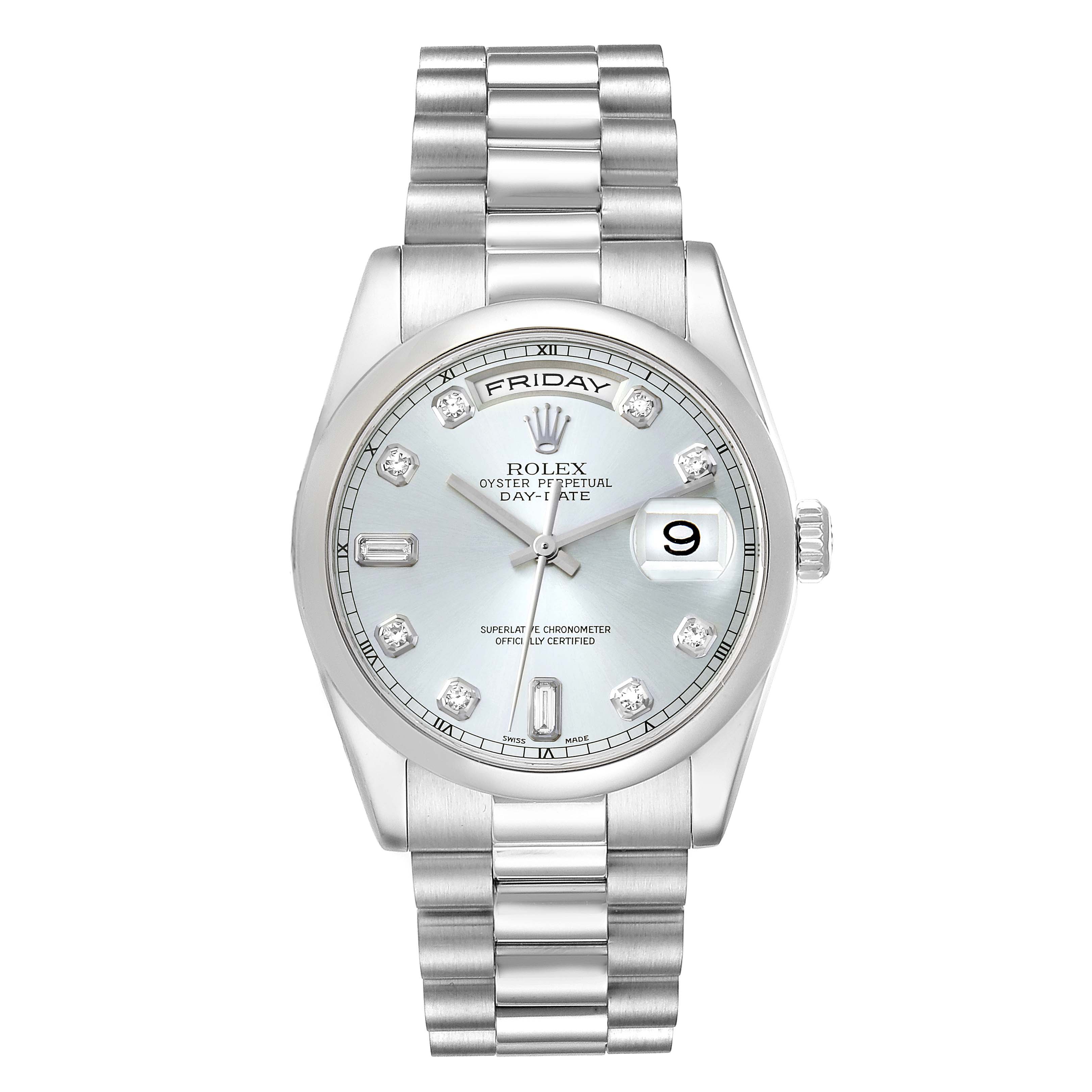 The image shows a front view of a Rolex President 118206 Men's Platinum Silver Dial 118206 Men's Platinum Silver Dial model watch, highlighting the dial, bracelet, and crown.