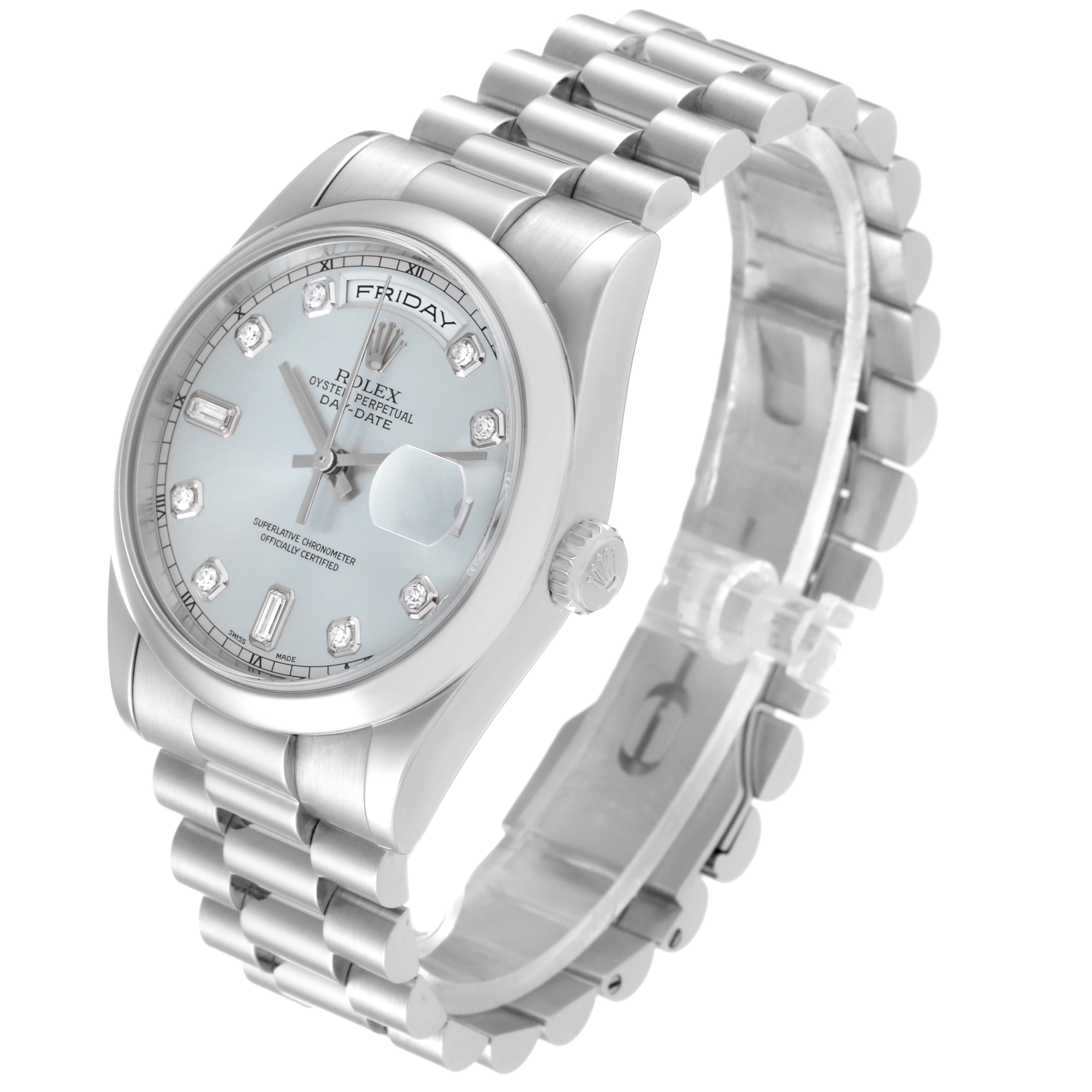 This image shows a Rolex President 118206 Men's Platinum Silver Dial 118206 Men's Platinum Silver Dial model watch from an angled side view, displaying the face, bezel, crown, and bracelet.