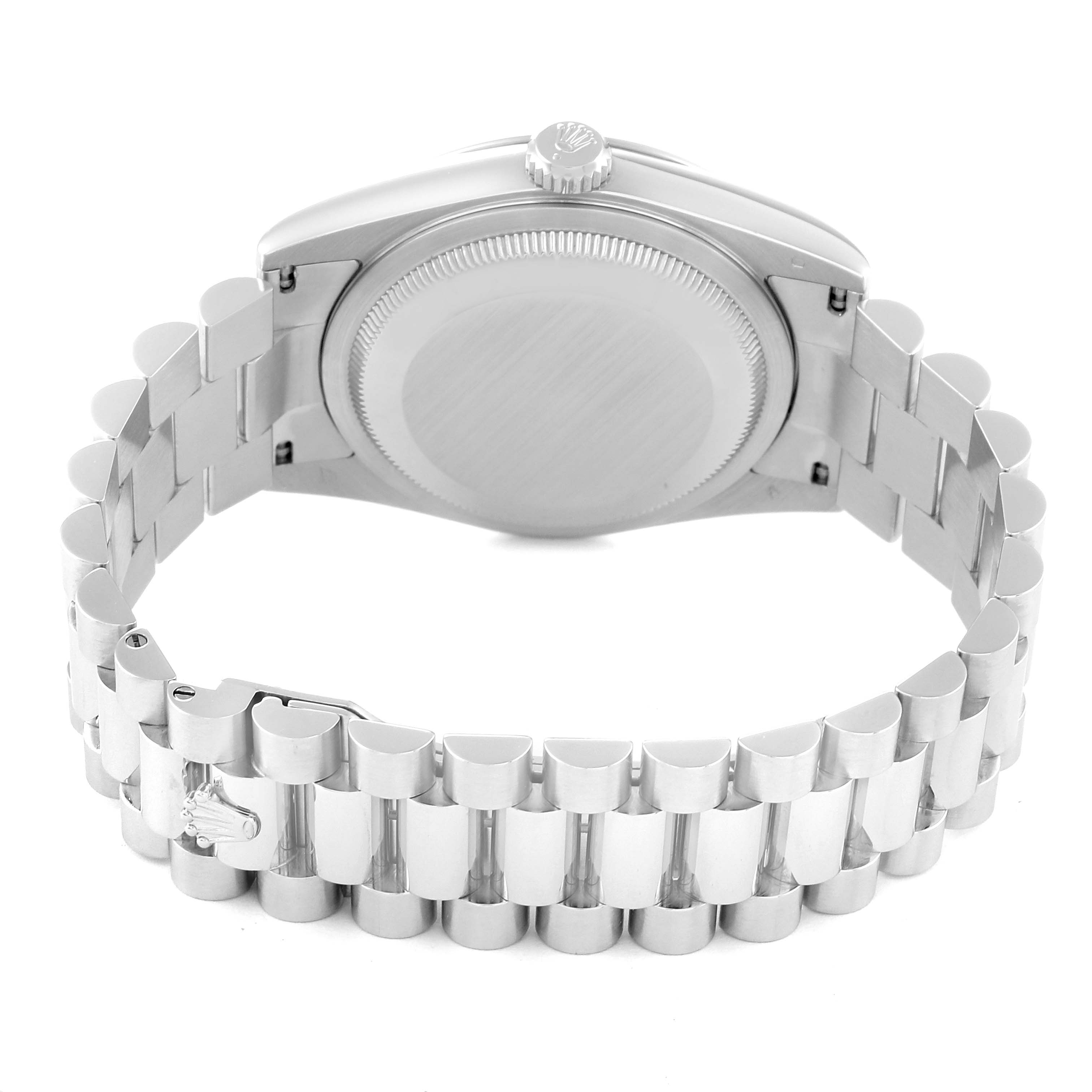 The image shows the back and bracelet of a Rolex President 118206 Men's Platinum Silver Dial 118206 Men's Platinum Silver Dial model watch.