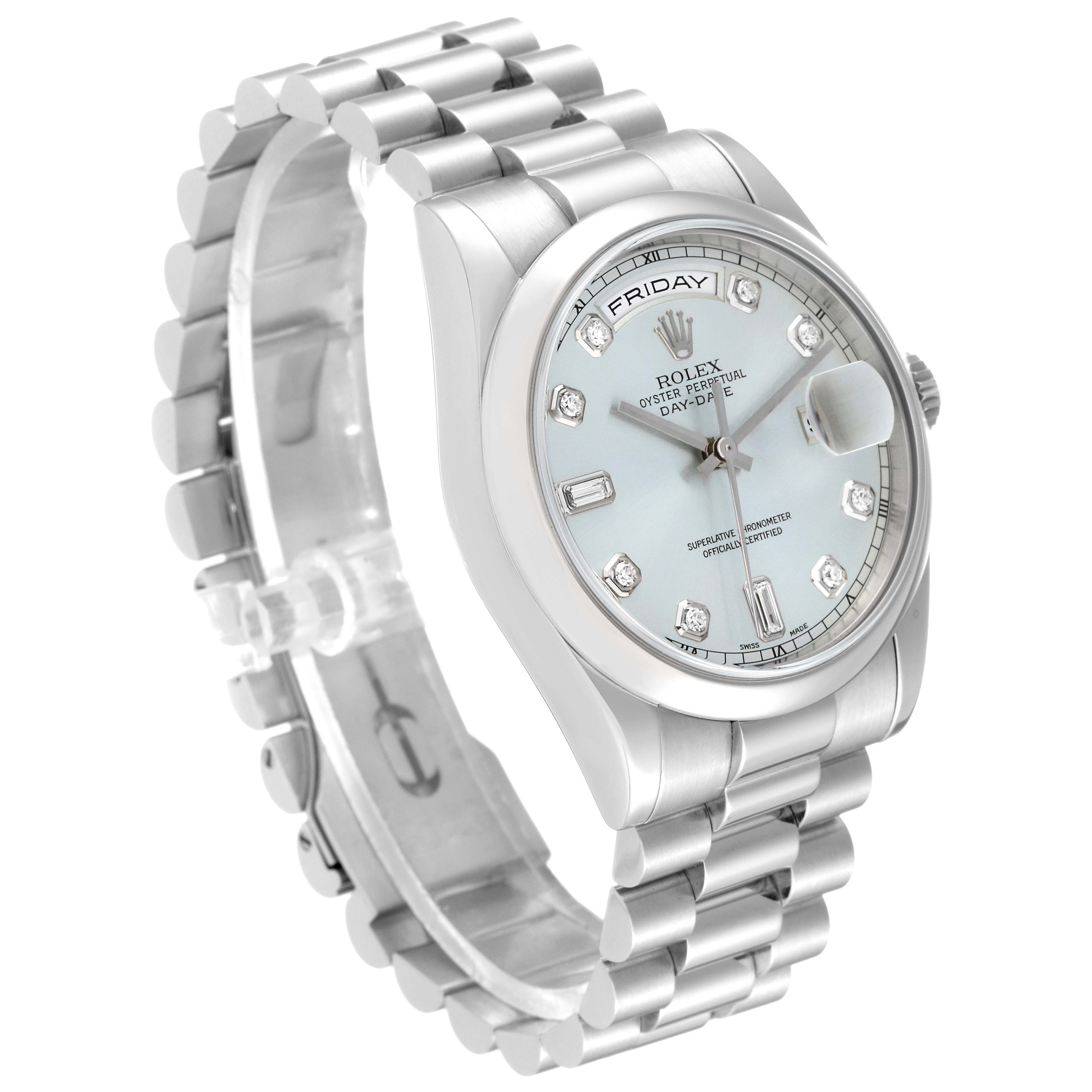 The image shows a Rolex President 118206 Men's Platinum Silver Dial 118206 Men's Platinum Silver Dial model watch at a three-quarter angle, displaying the face, band, and part of the crown.