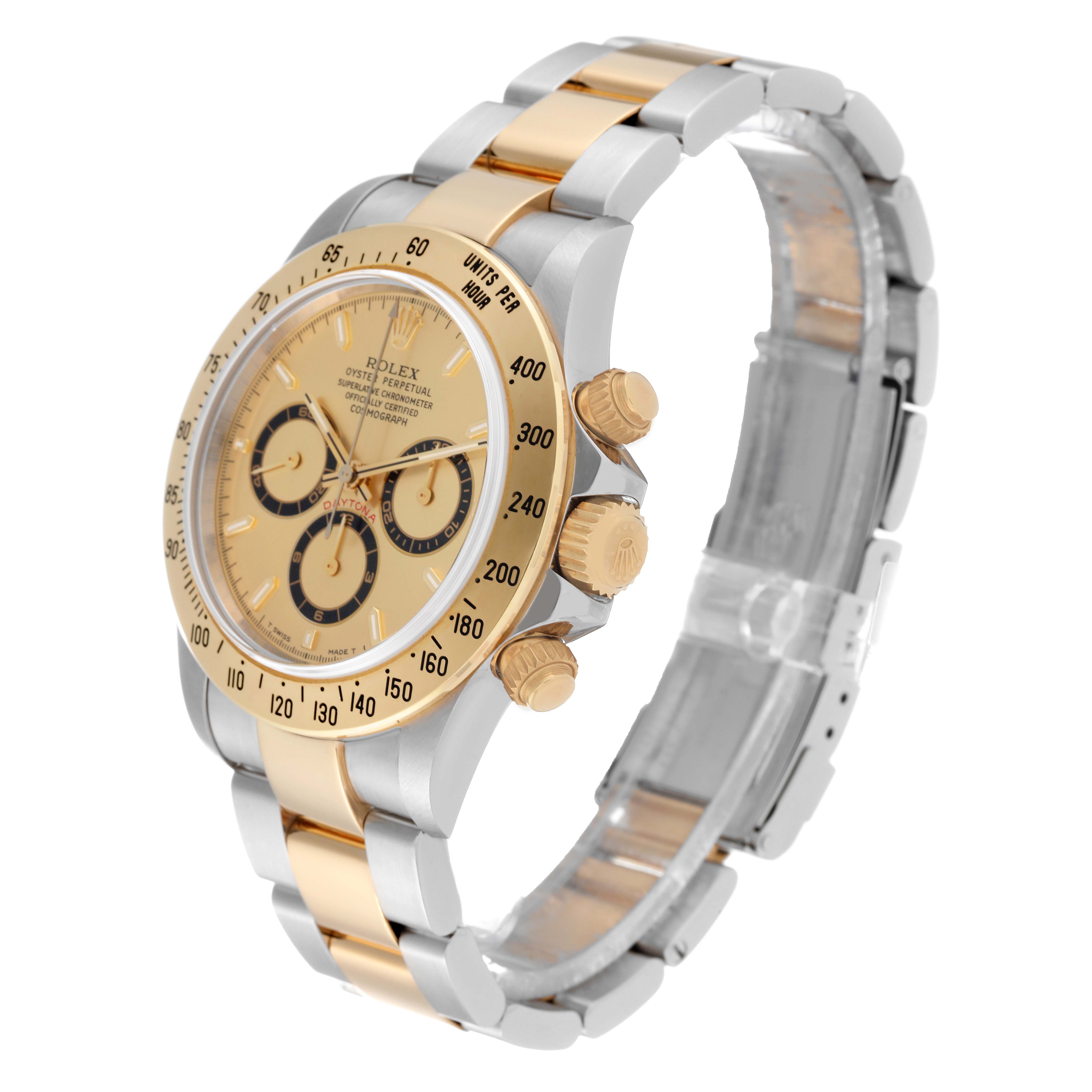 The image shows a two-tone Rolex Daytona 16523 Men's Steel and Gold (two tone) Champagne Dial 16523 Men's Steel and Gold (two tone) Champagne Dial watch at an angle, highlighting its face, bezel, crown, and bracelet.
