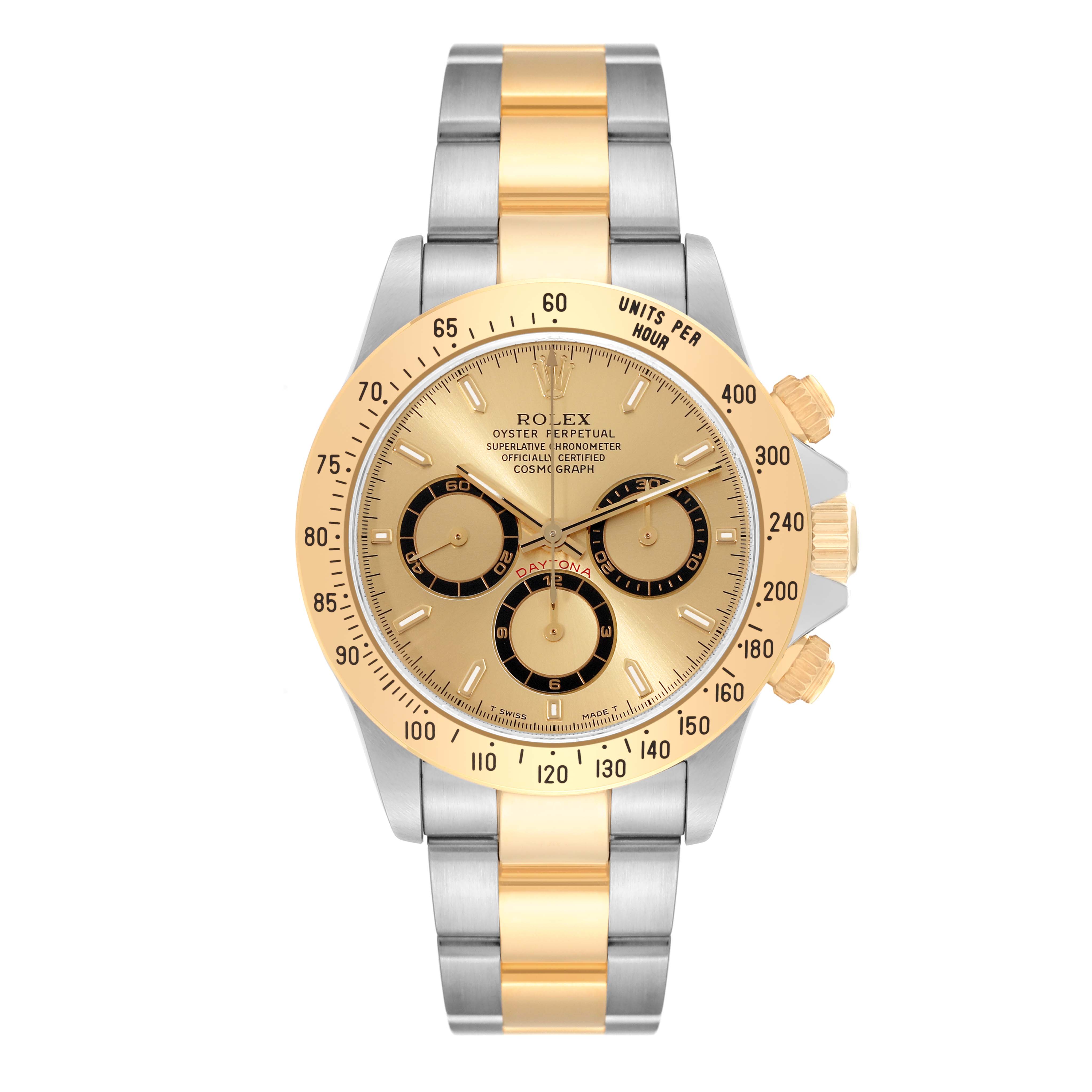 The image shows the front angle of the Rolex Daytona 16523 Men's Steel and Gold (two tone) Champagne Dial 16523 Men's Steel and Gold (two tone) Champagne Dial watch, highlighting its gold and silver band, chronograph dials, and bezel.