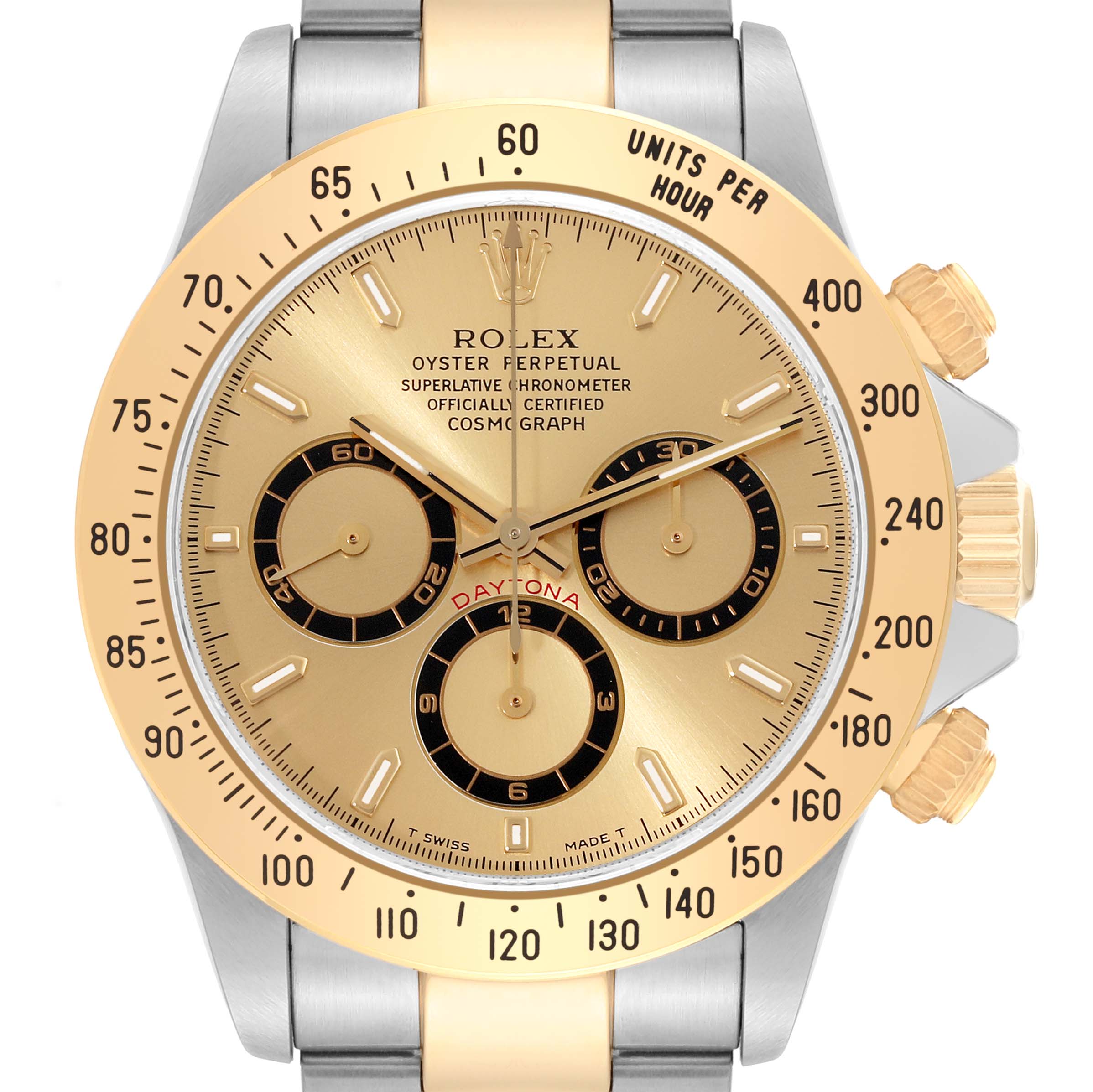 The image shows a frontal view of the Rolex Daytona 16523 Men's Steel and Gold (two tone) Champagne Dial 16523 Men's Steel and Gold (two tone) Champagne Dial watch, highlighting the dial, subdials, bezel, and crown.