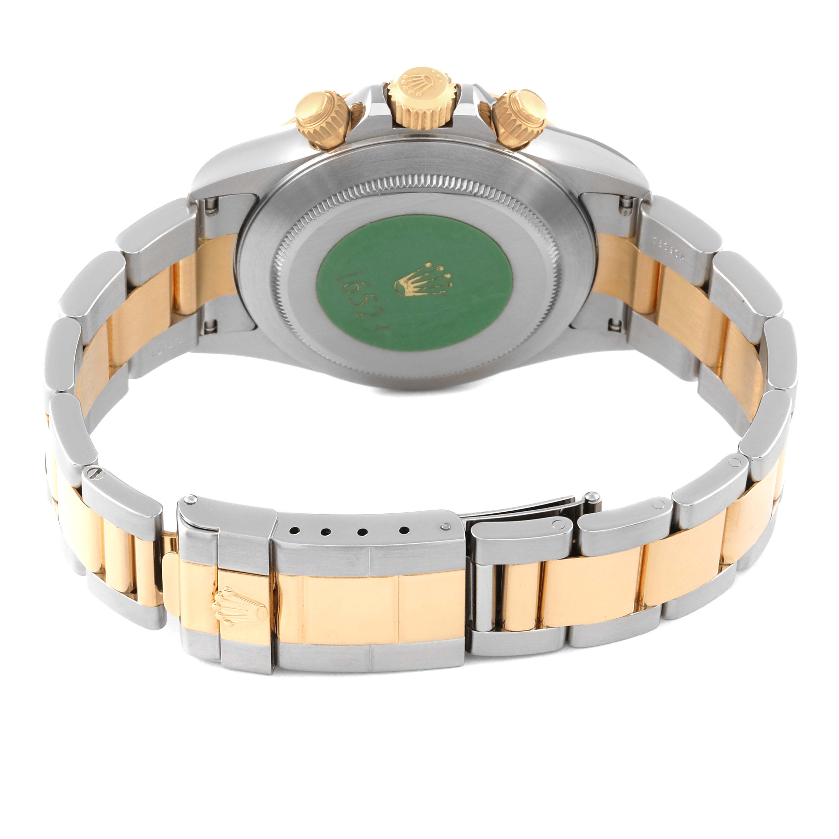 The image shows the back view of a Rolex Daytona 16523 Men's Steel and Gold (two tone) Champagne Dial 16523 Men's Steel and Gold (two tone) Champagne Dial watch, highlighting its case back, bracelet, and clasp.