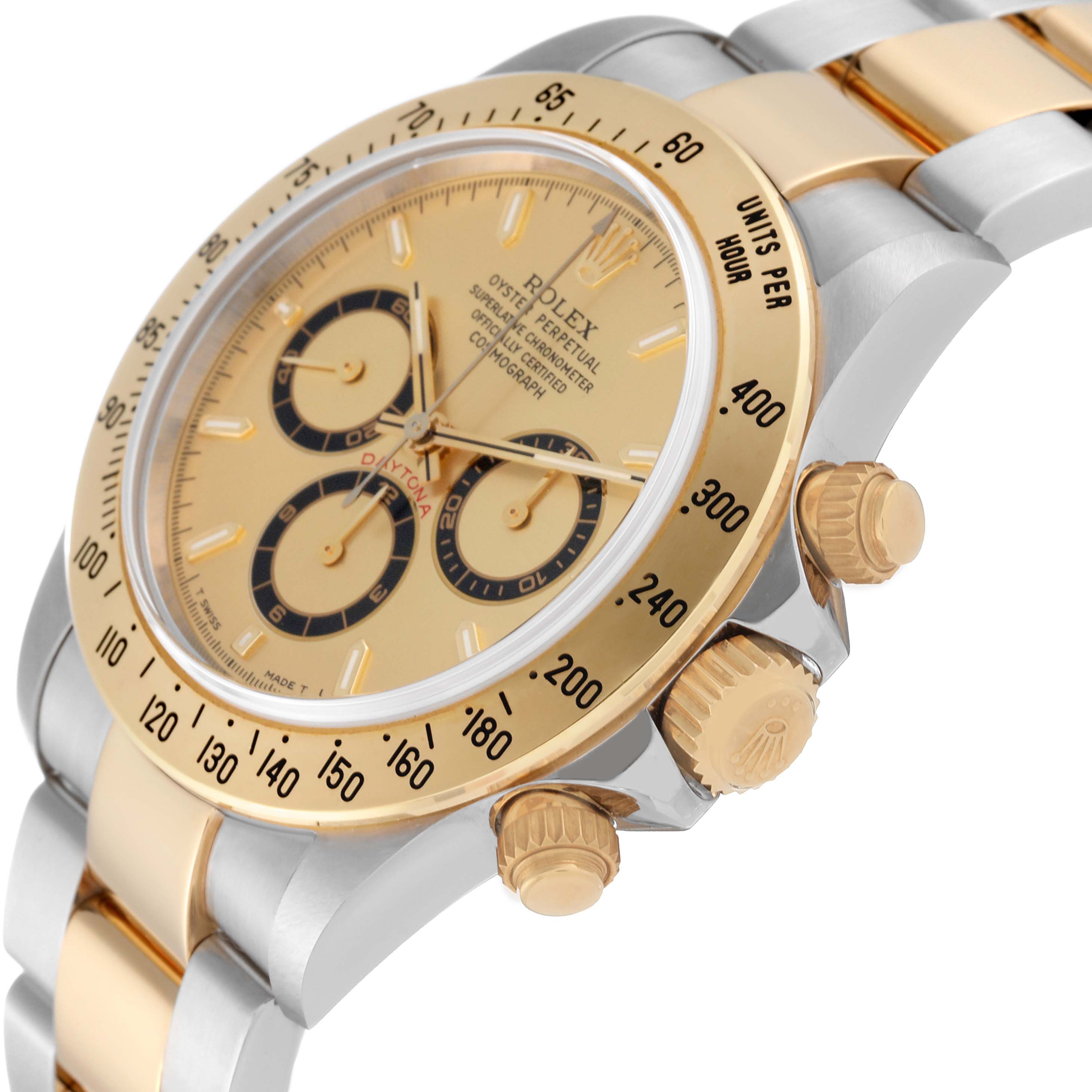 The image shows a close-up of a Rolex Daytona 16523 Men's Steel and Gold (two tone) Champagne Dial 16523 Men's Steel and Gold (two tone) Champagne Dial watch, highlighting the bezel, crown, pushers, and part of the bracelet.