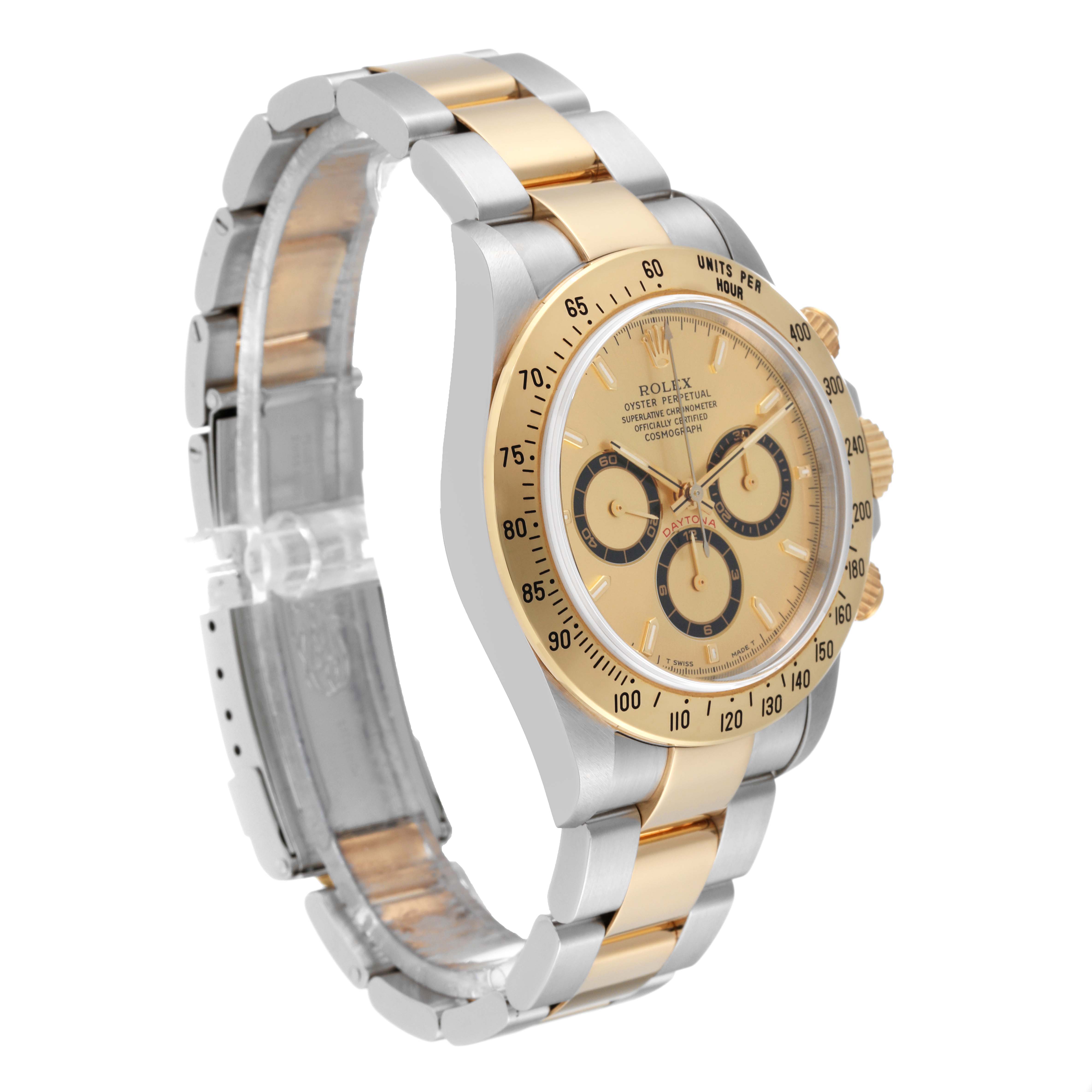 The image shows a side angle of a Rolex Daytona 16523 Men's Steel and Gold (two tone) Champagne Dial 16523 Men's Steel and Gold (two tone) Champagne Dial watch, highlighting its dial, bezel, and two-tone bracelet.