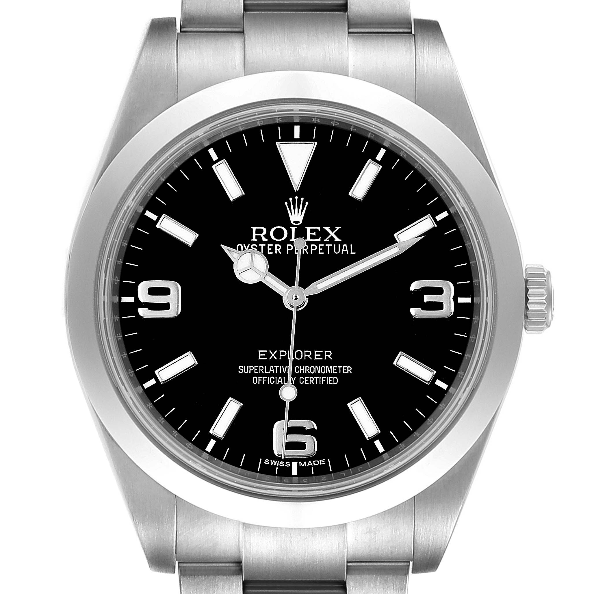 The Rolex Explorer 214270 Men
s Stainless Steel Black Dial 214270 Men
s Stainless Steel Black Dial model watch is shown from a front angle, displaying the dial, hands, and part of the metal bracelet.