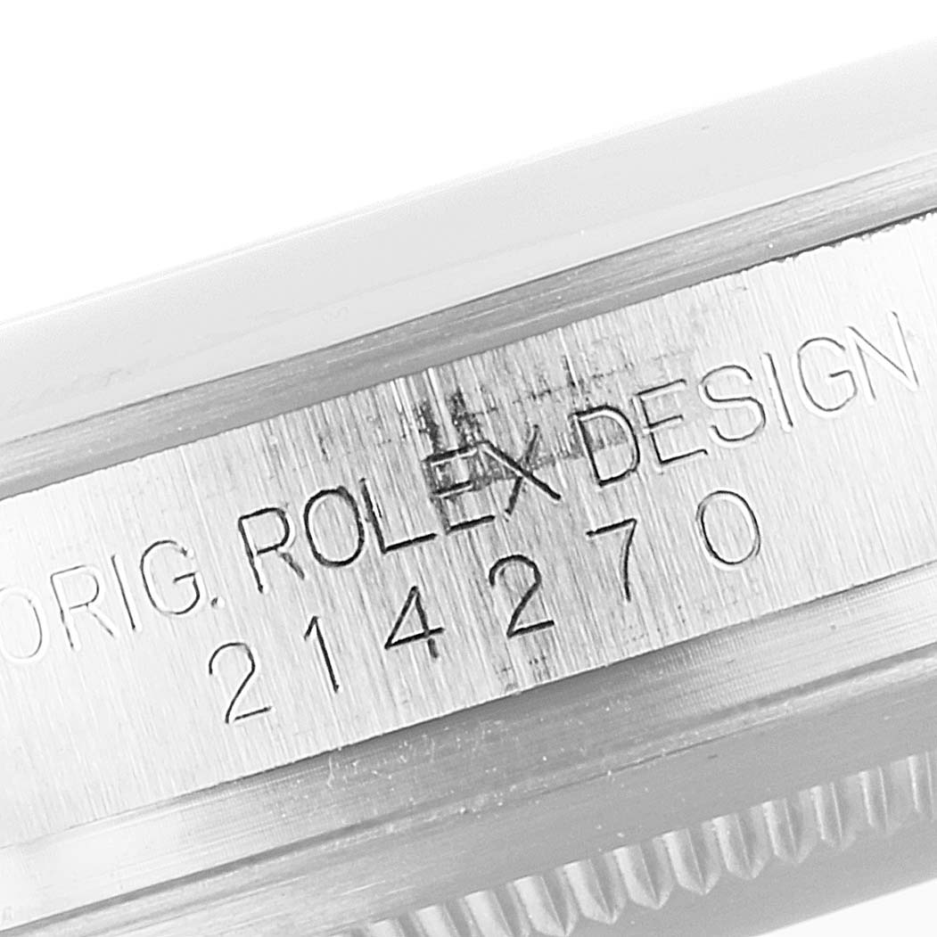 This close-up image shows the engraved model and design details on the side of the Rolex Explorer 214270 Men
s Stainless Steel Black Dial 214270 Men
s Stainless Steel Black Dial watch case.